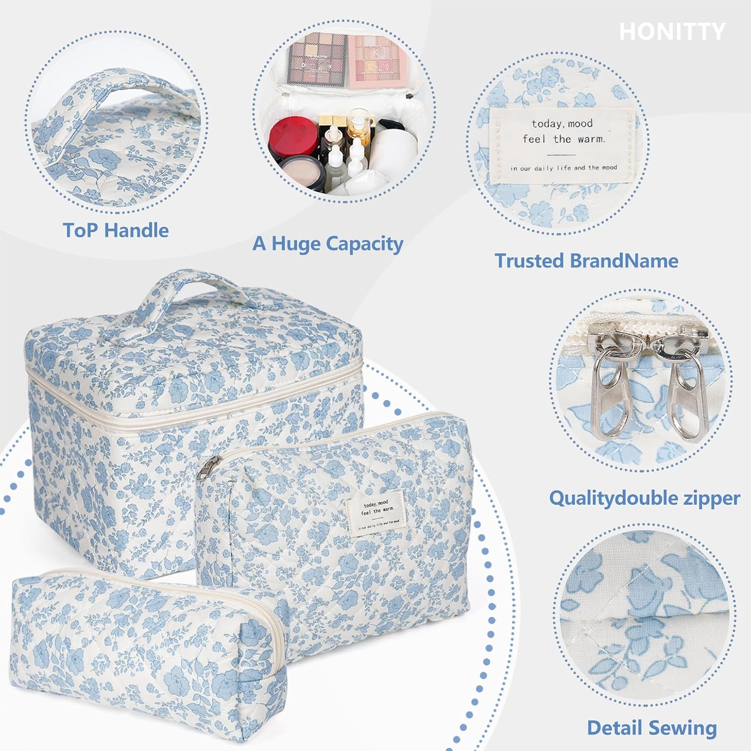Detalle de Quilted Floral Makeup Bag Set, 3-Piece