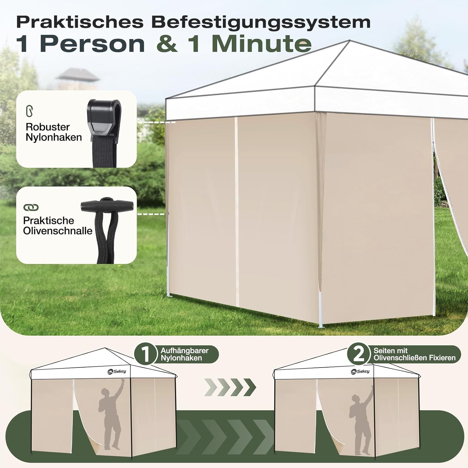 Thumbnail 2 de Sekey 2x Seitenwände für Pavillon 3x3 m – wasserdicht, winterfest, mit Fenster und Tür (Khaki)