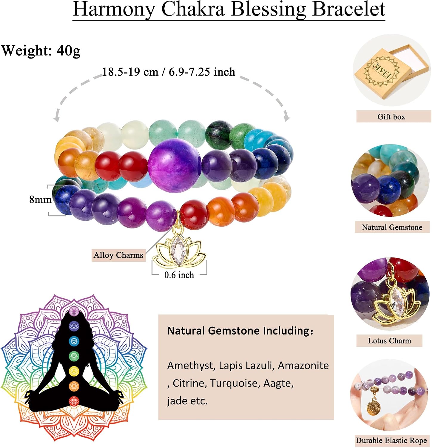 Detalle 2 de Bracciali Bivei in pietra naturale Cristallo verde con perline da 8 mm e charm loto (set)