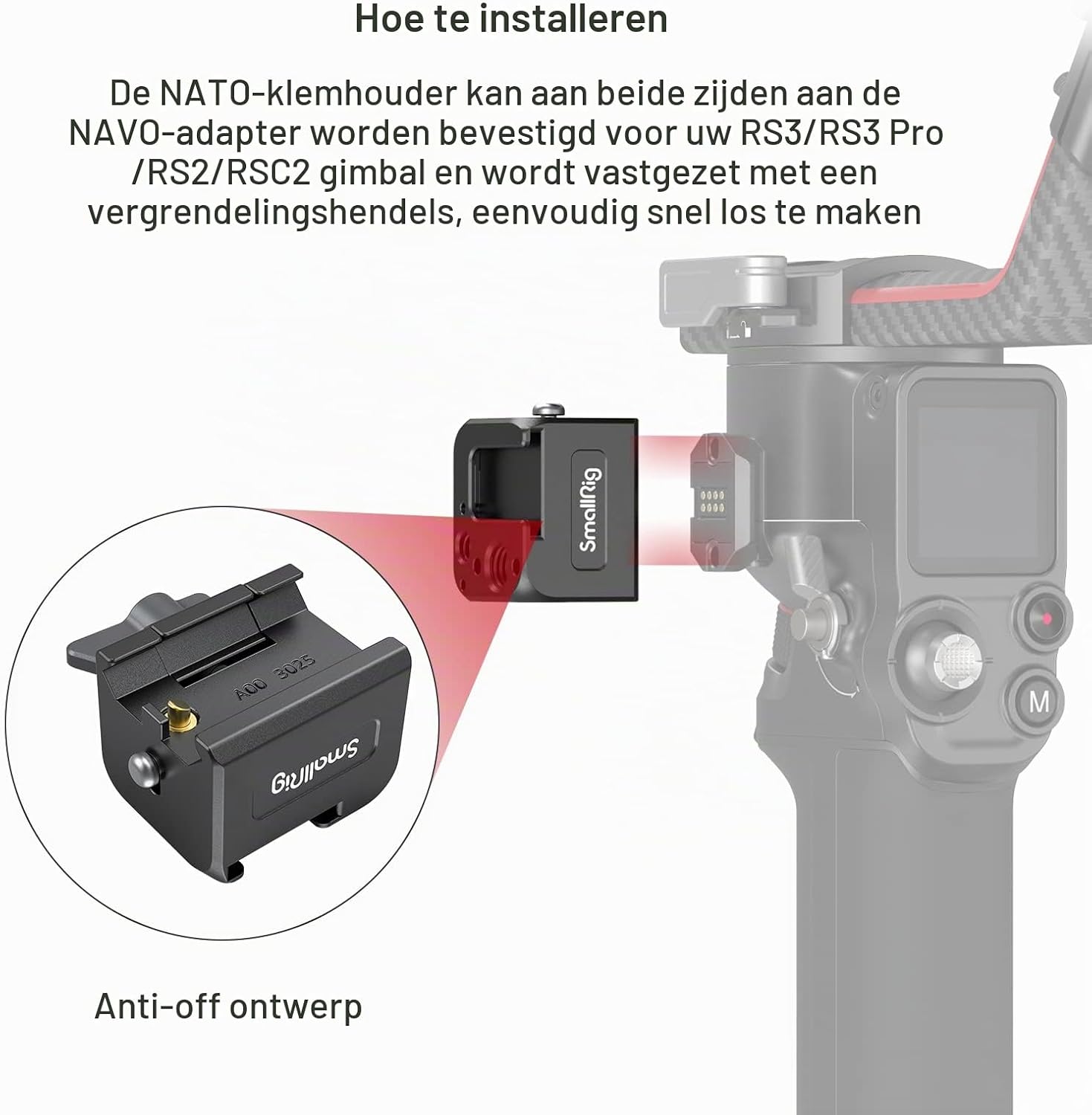 Detalle de SMALLRIG 3025 NATO-klembevestiging voor DJI RS-gimbals met cold shoe