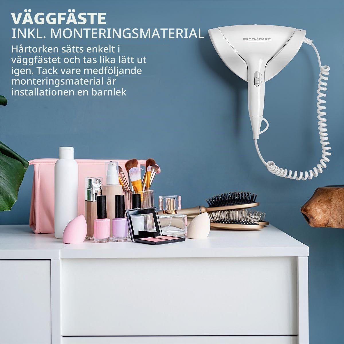 Detalle de ProfiCare PC-HT 3044 hårtork, 1 800 W med spiralsladd och väggfäste