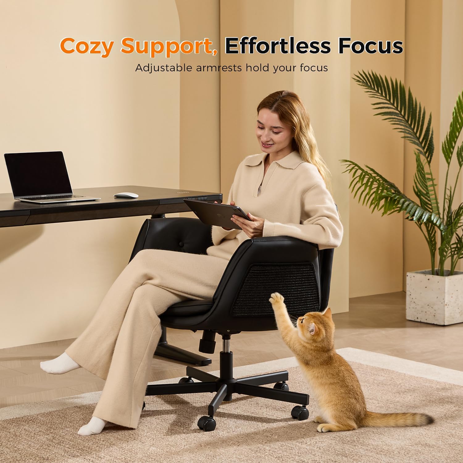Thumbnail 5 de amseatec Criss Cross Chair with Natural Sisal Cat Scratch Pad, 5-Gear Adjustable Armrests, 360° Silent Casters — Black