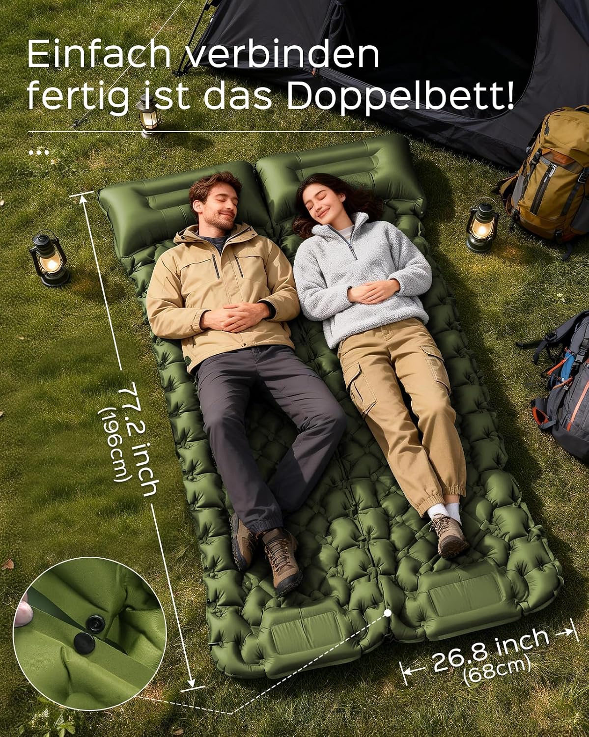 Detalle de NHOWIN Isomatte Camping – Leichte, kompakte Luftmatratze mit integrierter Fußpumpe, 9 cm Dicke, 196 × 68 cm, Grün