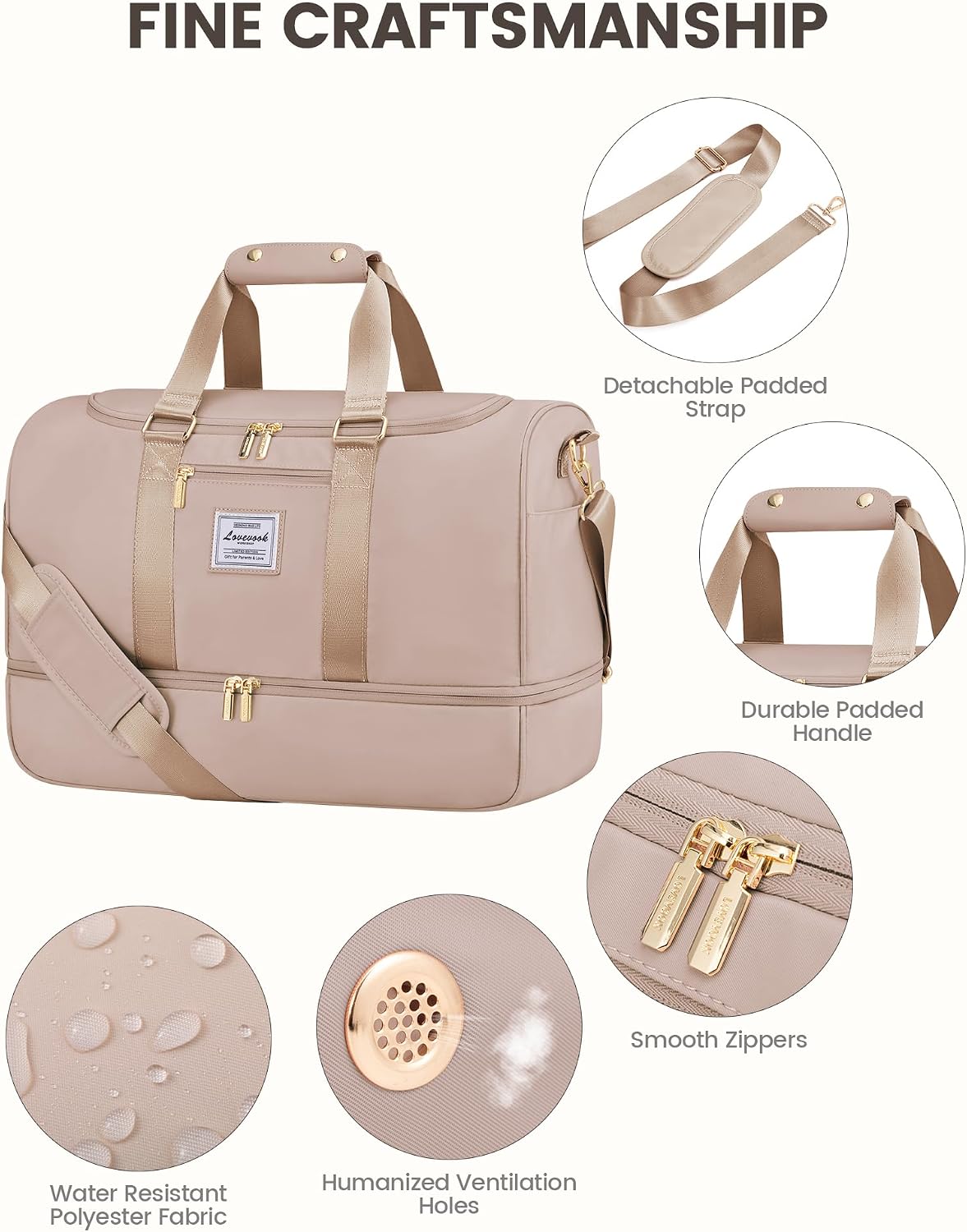 Thumbnail 3 de LOVEVOOK Sporttasche Reisetasche groß 50 l mit Kulturtasche, Schuhfach und Nassfach (Sand)