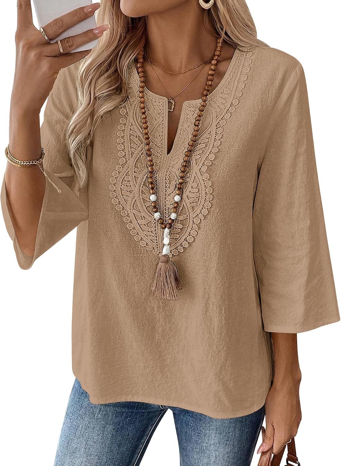 Thumbnail 6 de Lomon Womens Cotton Linen 3/4 Sleeve V-Neck Lace Casual Loose Fit Blouse