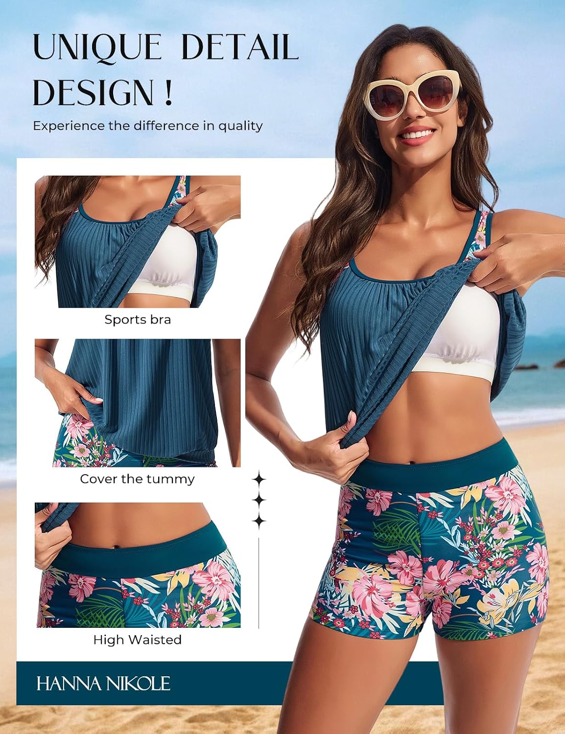 Detalle 2 de Hanna Nikole Damen Sportlich Tankini Set – Zweiteiliges Badevergnügen mit Blumenmuster