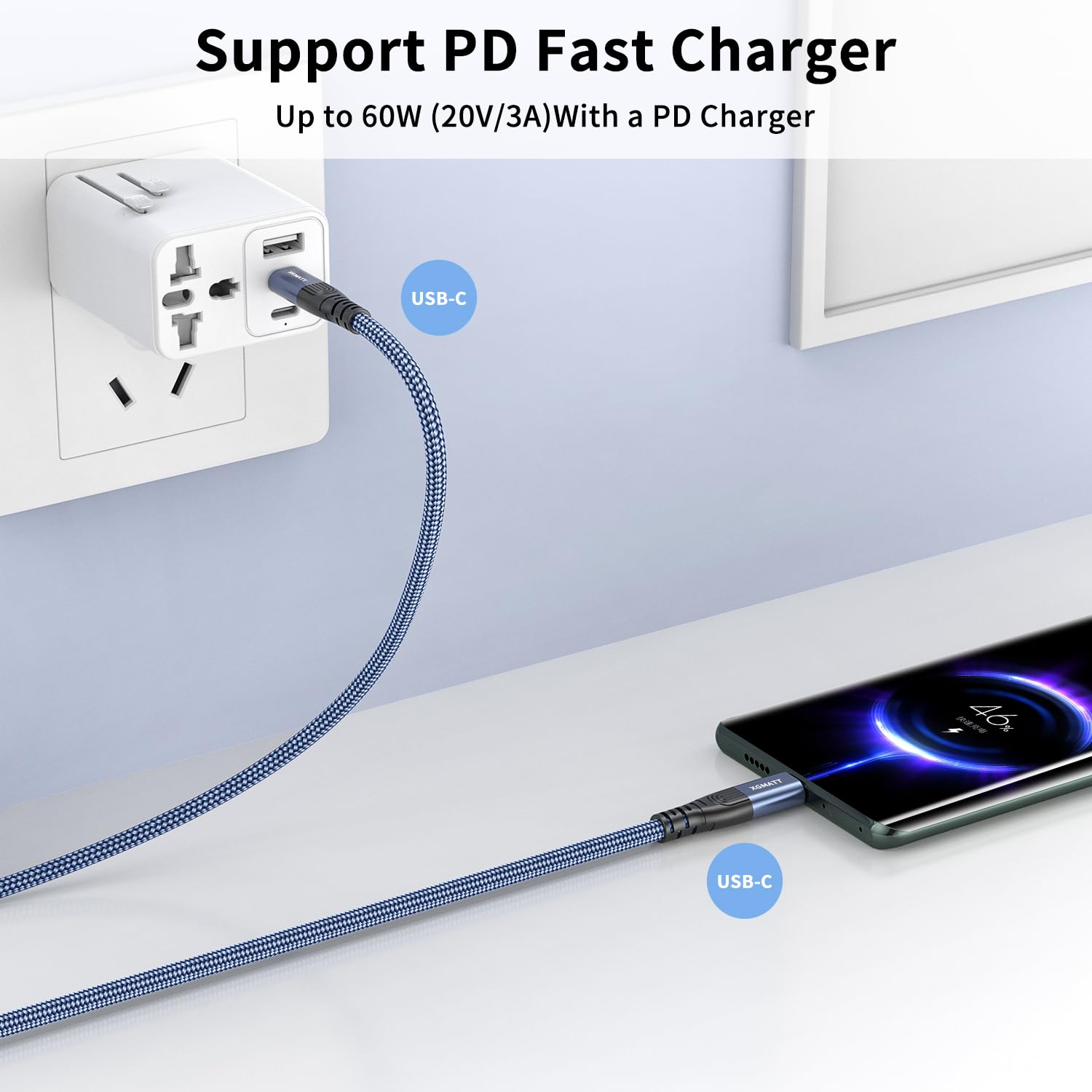 Detalle de XGMATT USB-C auf USB-C Kabel 5 m, 60 W PD – langlebig, flexibel und kompatibel mit iPhone 15, MacBook, Galaxy S22/S21, Pad Pro 2020