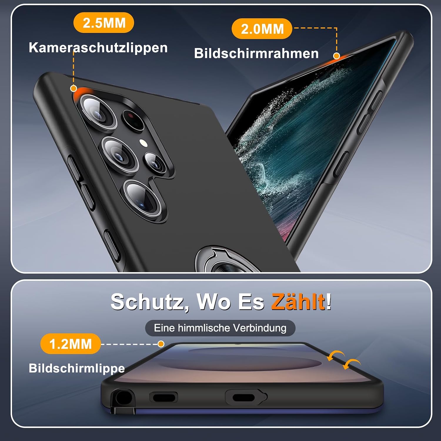 Detalle de Handyhülle für Samsung Galaxy S22 Ultra mit Ringständer, Displayschutzfolie und Stoßfestigkeit – Schwarz