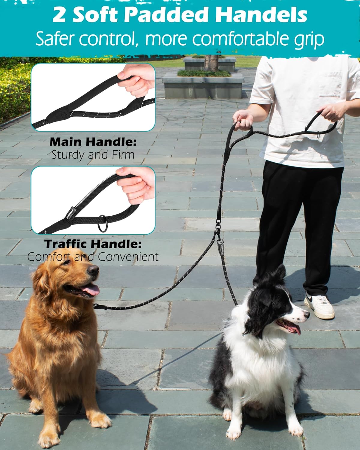 Thumbnail 3 de PetBonus Rope Double Dog Lead (No Tangle Dual Lead) with Reflective Stitching and 360° Swivel Clip, Black