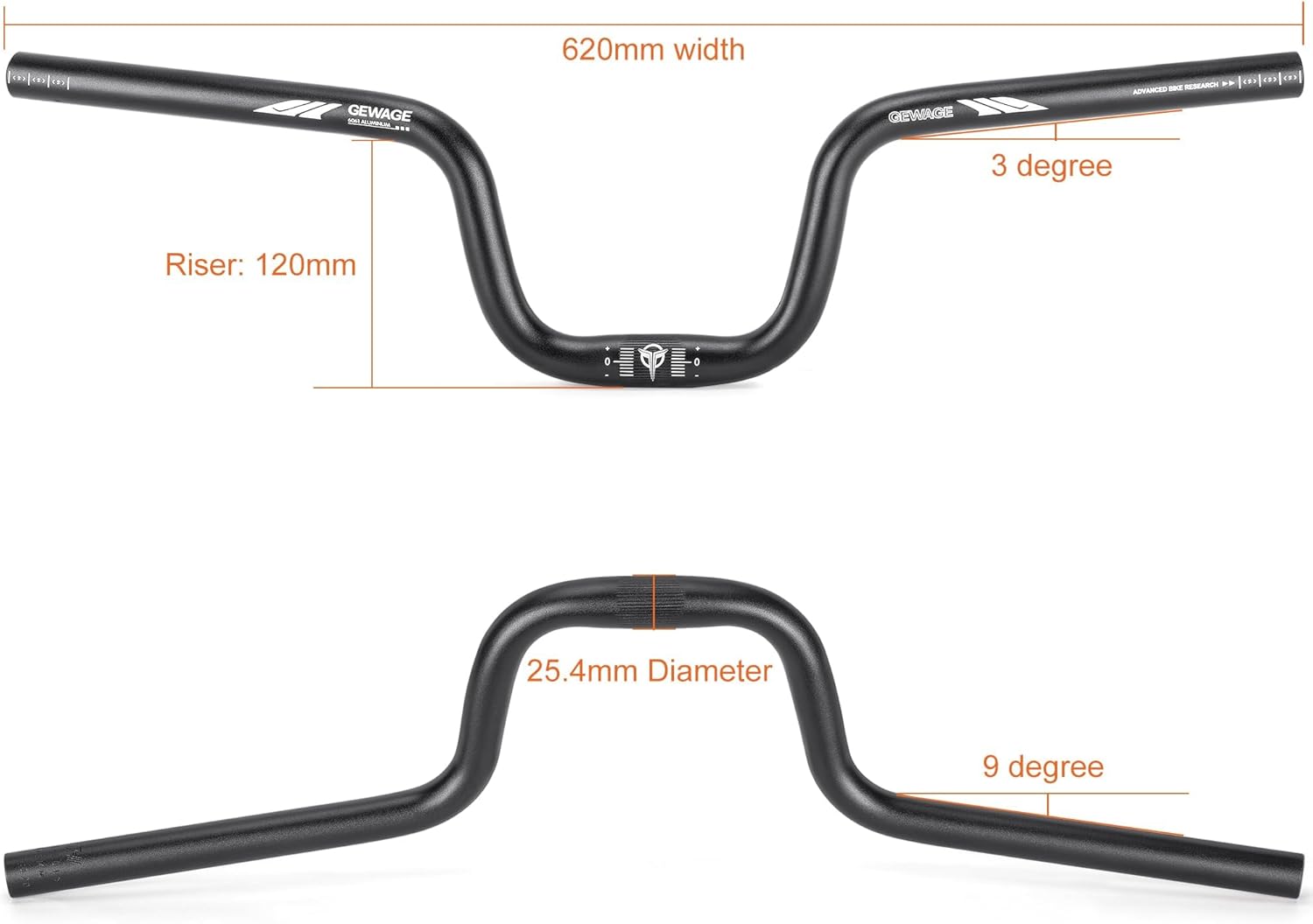 Thumbnail 4 de GEWAGE Guidon VTT Riser 25,4 mm (620 mm) en aluminium 6061, élévation 120 mm – version Black 120 mm