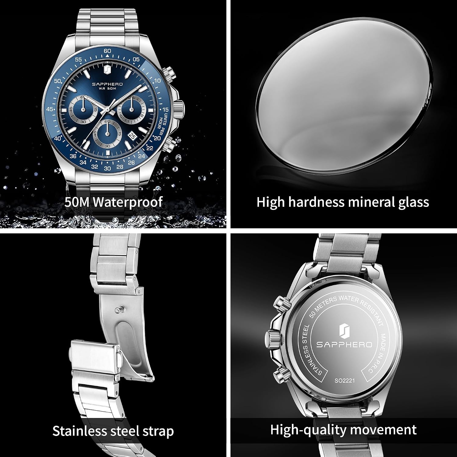 Detalle de SAPPHERO Montre Homme chronographe en acier inoxydable étanche 50M — cadran mat analogique quartz