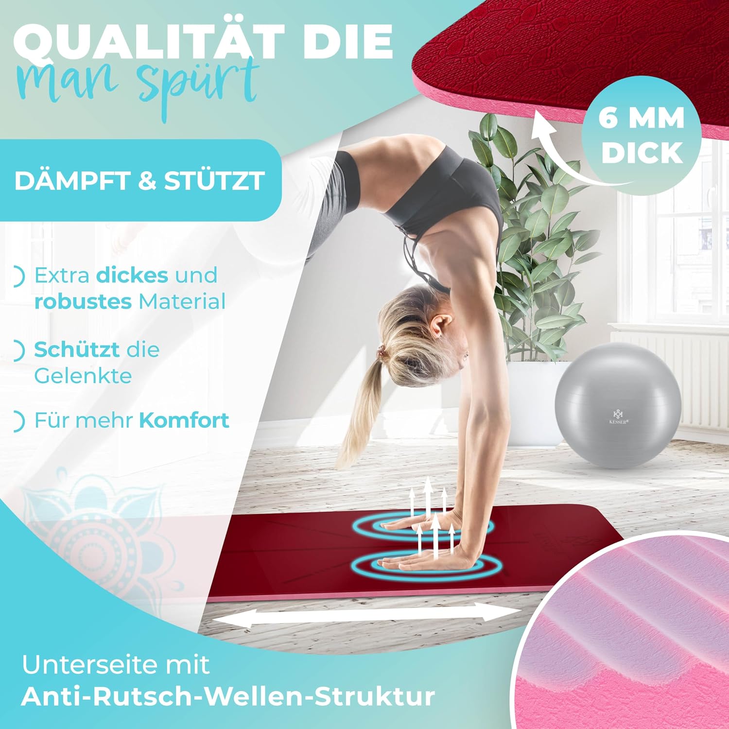Thumbnail 2 de KESSER® Gymnastikmatte mit Tragegurt – rutschfeste TPE Yogamatte 183 × 61 cm (6 mm)