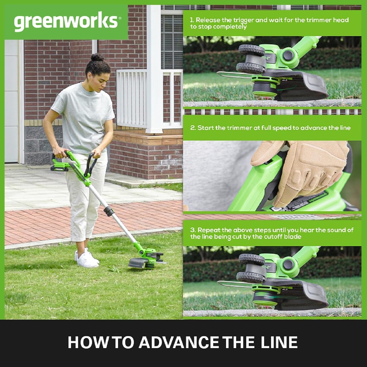 Detalle de Greenworks 40V Cordless Strimmer Lawn Edger (G40LT33) with Wheel, 33cm Cutting Width