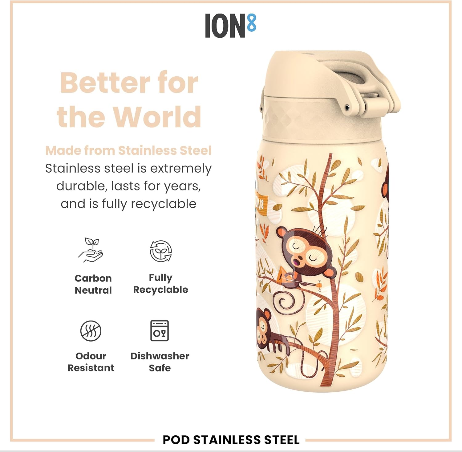 Detalle de Ion8 Lightweight Steel Kids Water Bottle (400ml/13oz) in Cream – Leak Proof, Non‑Insulated, Dishwasher Safe