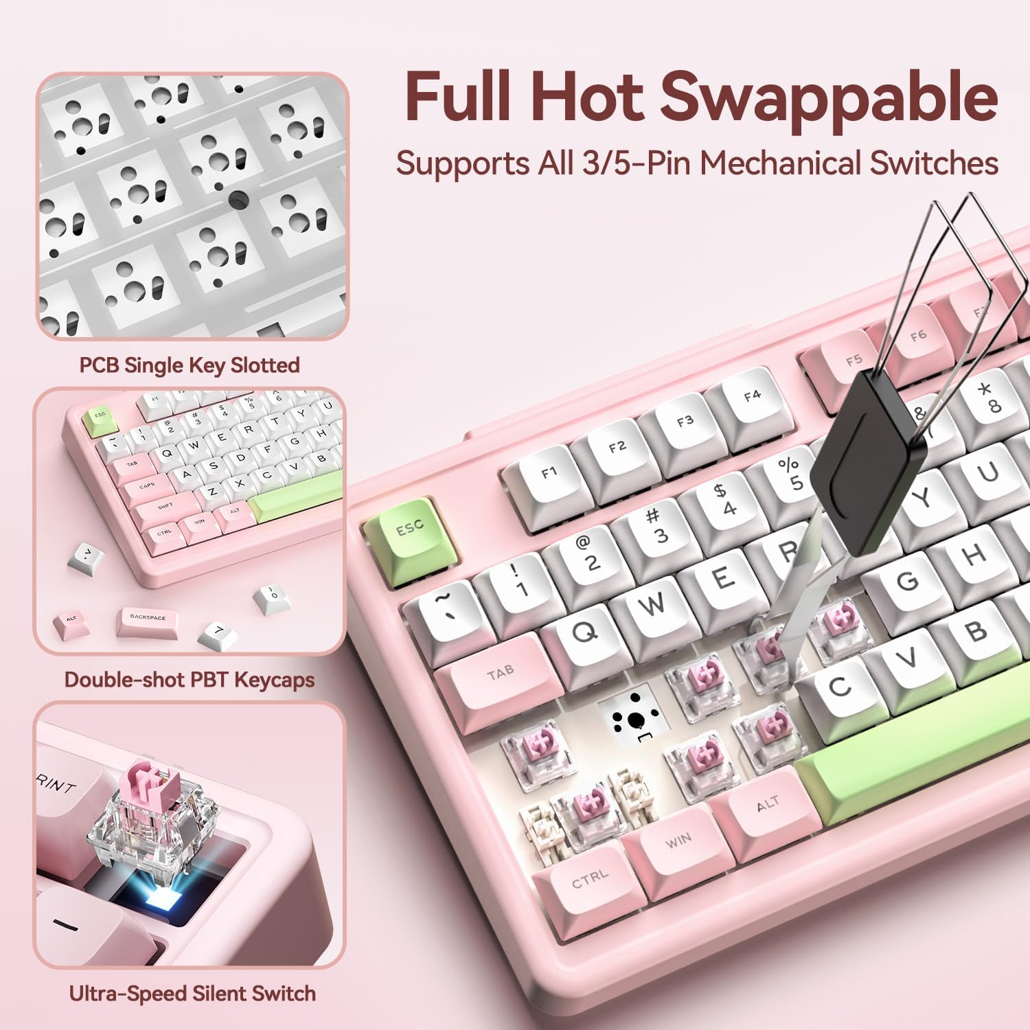 Detalle de AUSDOM H98 Pink Creamy 98-Key Mechanical Keyboard with RGB and Tri-Mode Connectivity