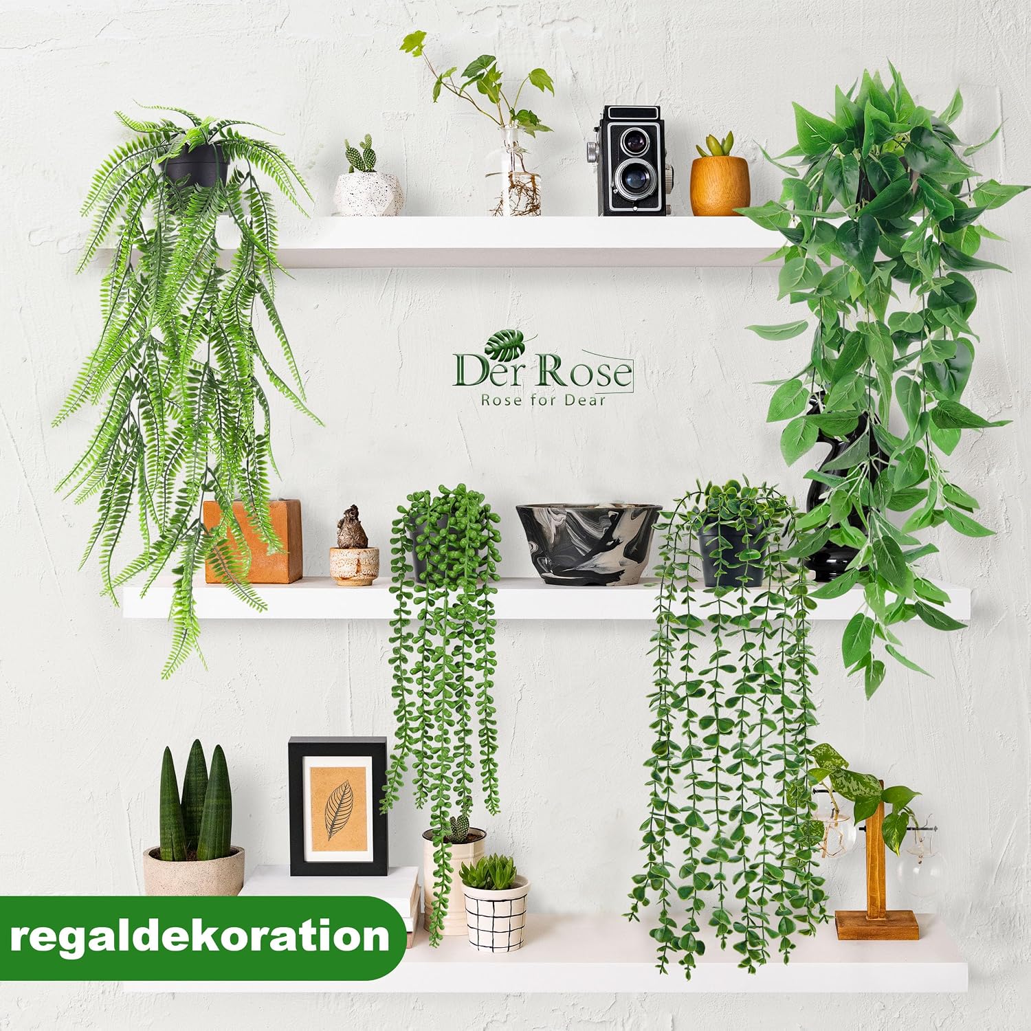 Detalle de Der Rose 4er Set Künstliche Hängepflanzen – Eukalyptus, Boston-Farn, Pothos & Perlenschnur in schwarzen Töpfen