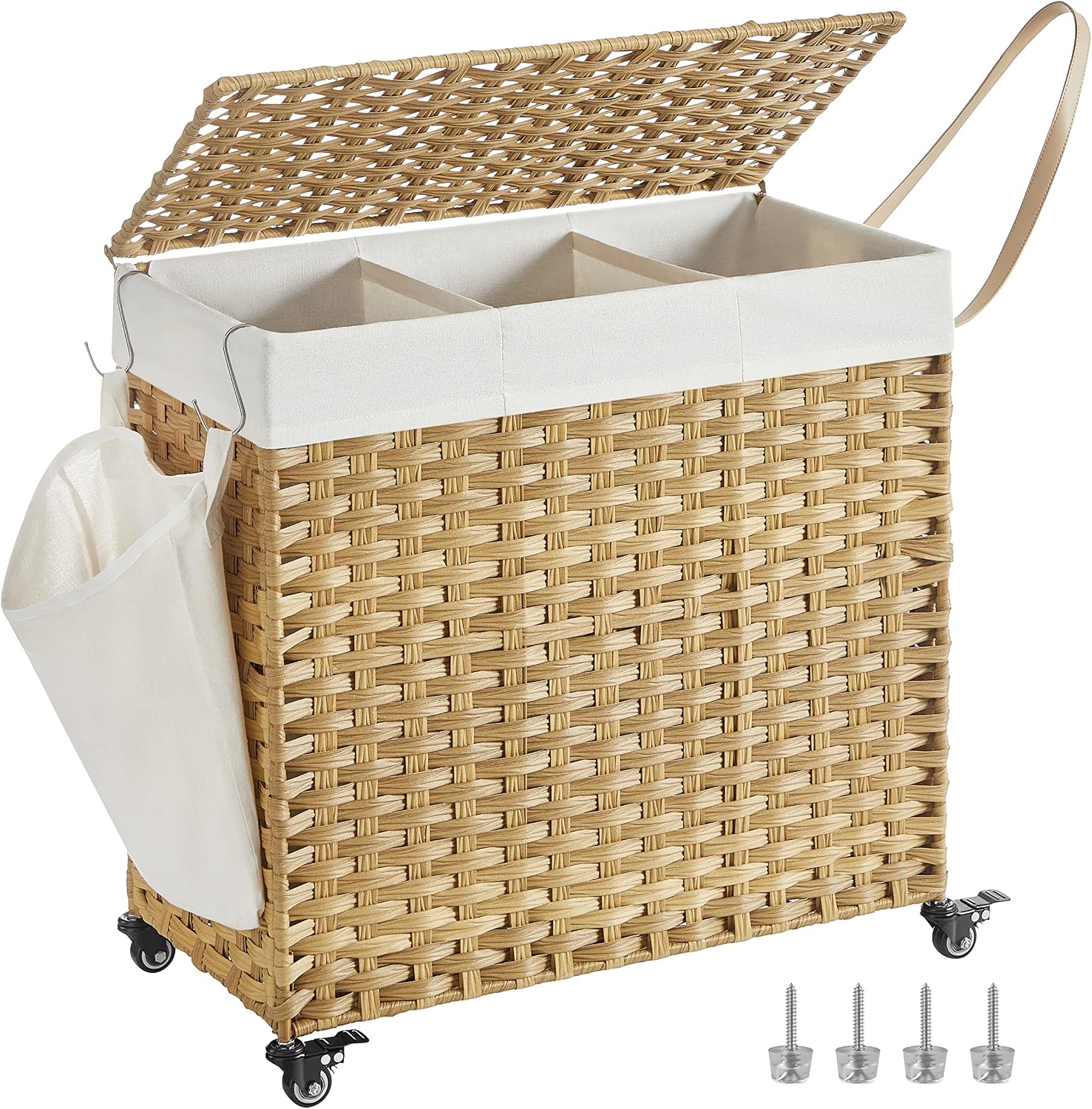 Detalle de SONGMICS LCB363N01 140 L Laundry Basket with Lid, 3 Compartments & Wheels