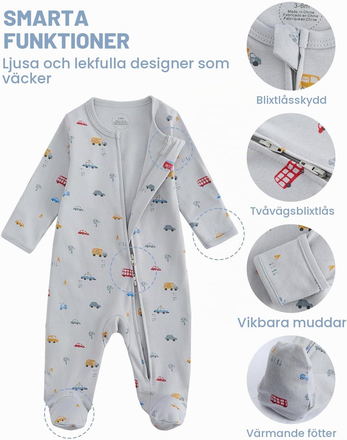 Detalle de JiAmy sovdräkter för baby, 3-pack i bomull med hel dragkedja och vikbara vantar