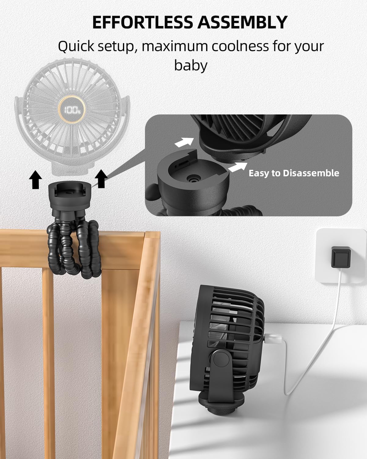 Detalle de Buywoo Portable Stroller Mini Fan — 3-Speed, 360° Rotatable, Rechargeable