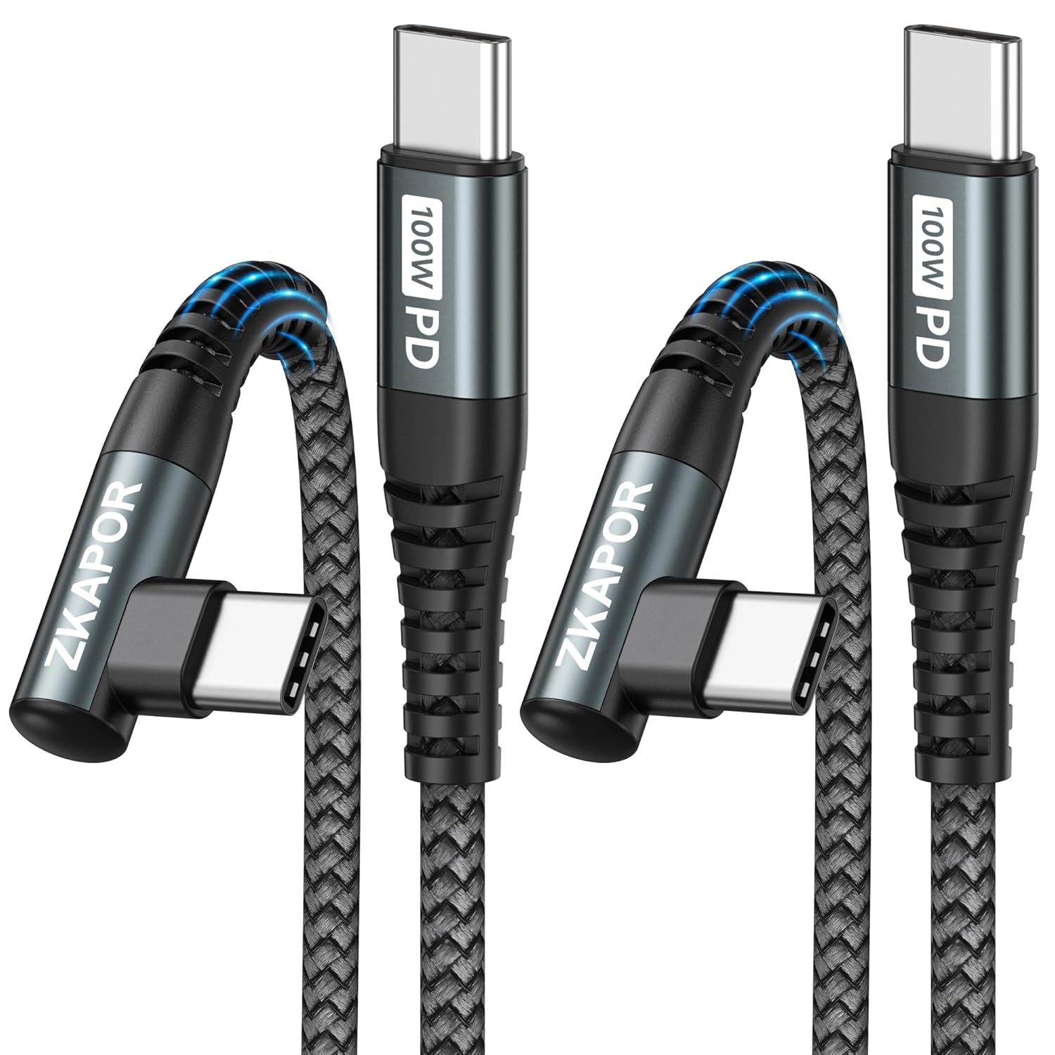 Detalle de ZKAPOR USB-C Kabel 3M – 100W PD/QC Schnelllade- und USB-C-zu-USB-C Kabel, 2er Pack, 90° Design
