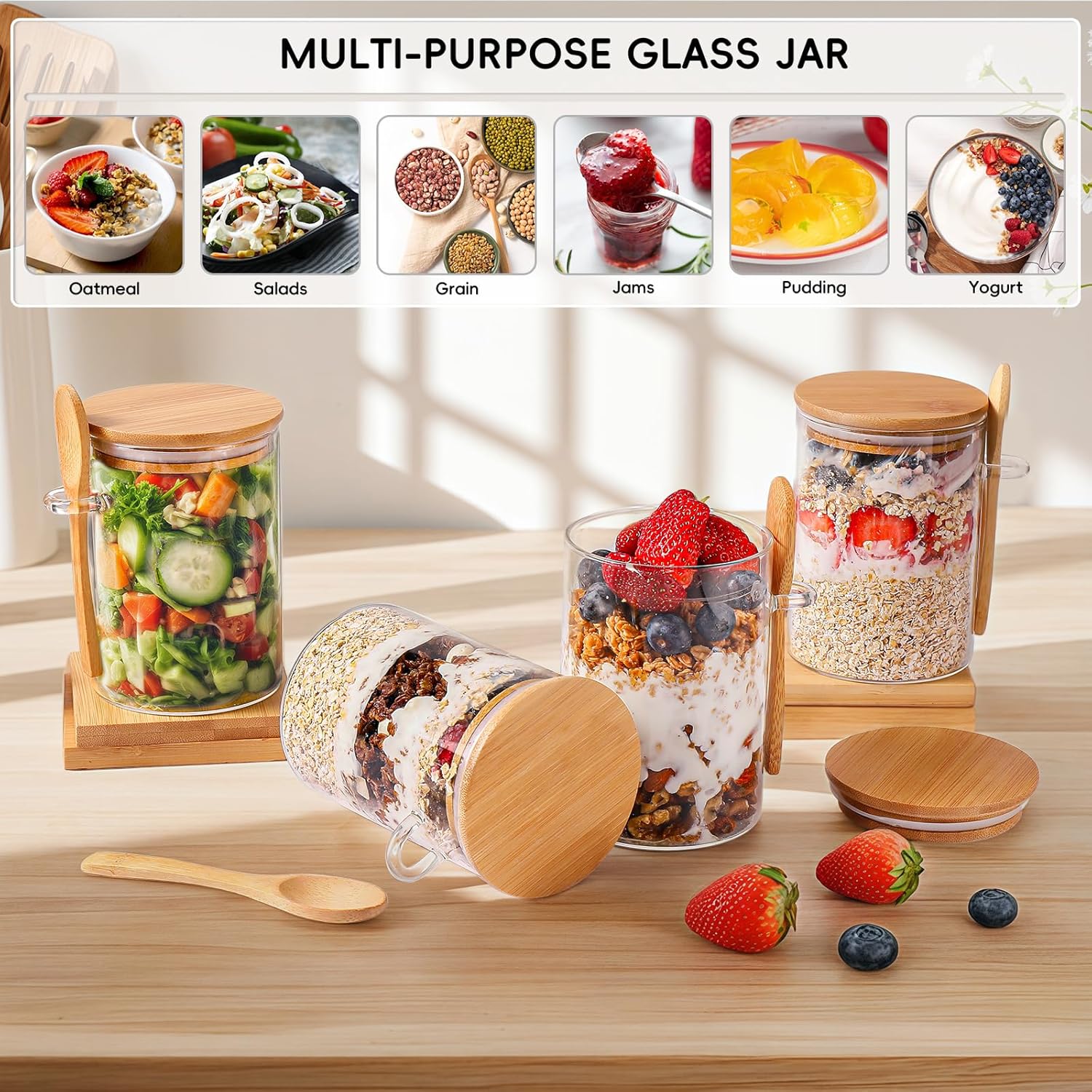 Detalle 2 de MHDCLY Overnight Oats Containers with Lids (16oz) — 4-Pack Glass Meal Prep Jars