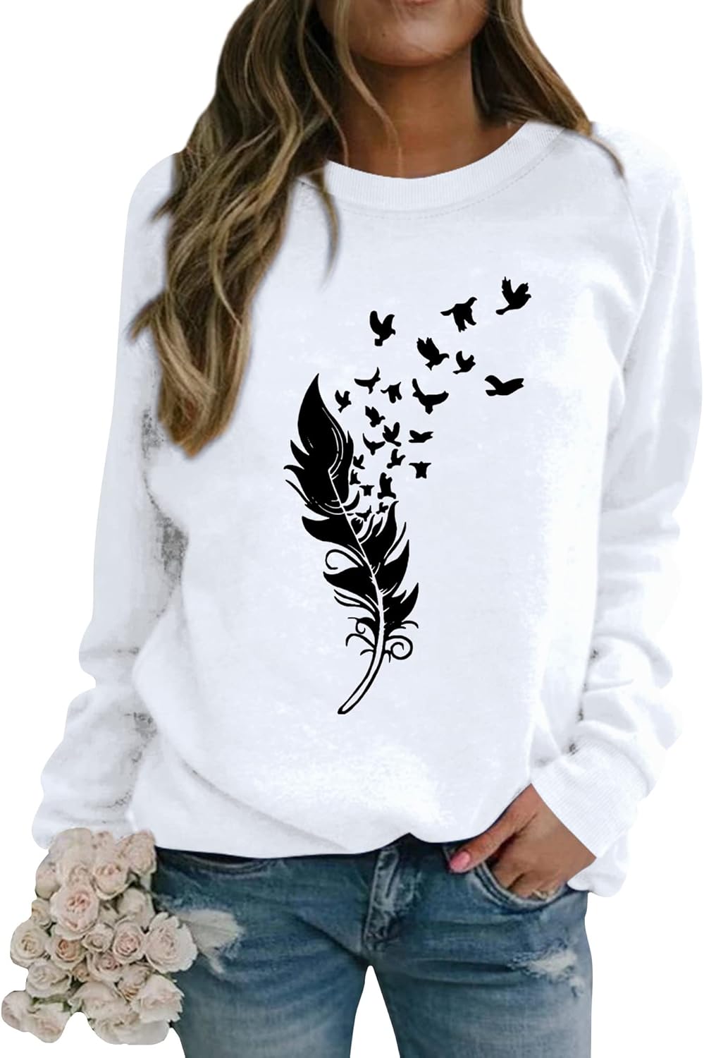 Thumbnail 6 de Dresswel Damen Pullover mit Feder & Vogel Grafikdruck (Rundhals, lange Ärmel) – Sweatshirt Langarmshirt