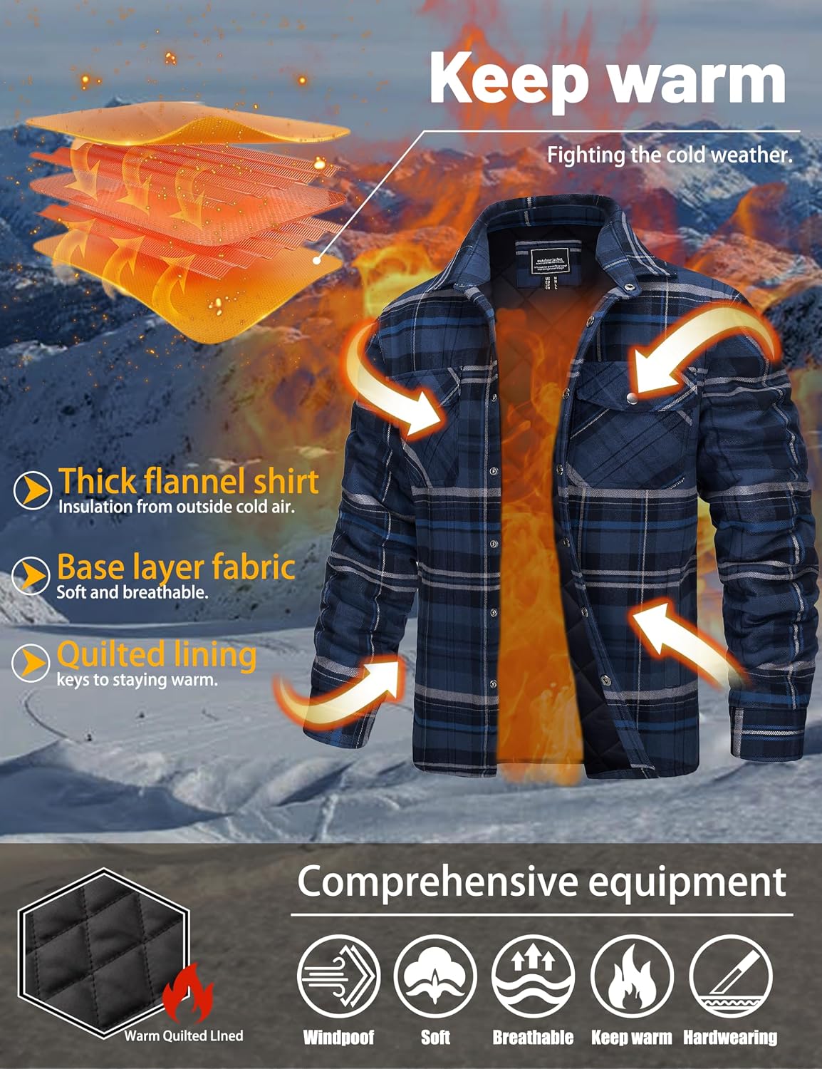 Detalle 2 de TACVASEN Men's Quilted-Lined Flannel Shirt Jacket, Lightweight Button-Down