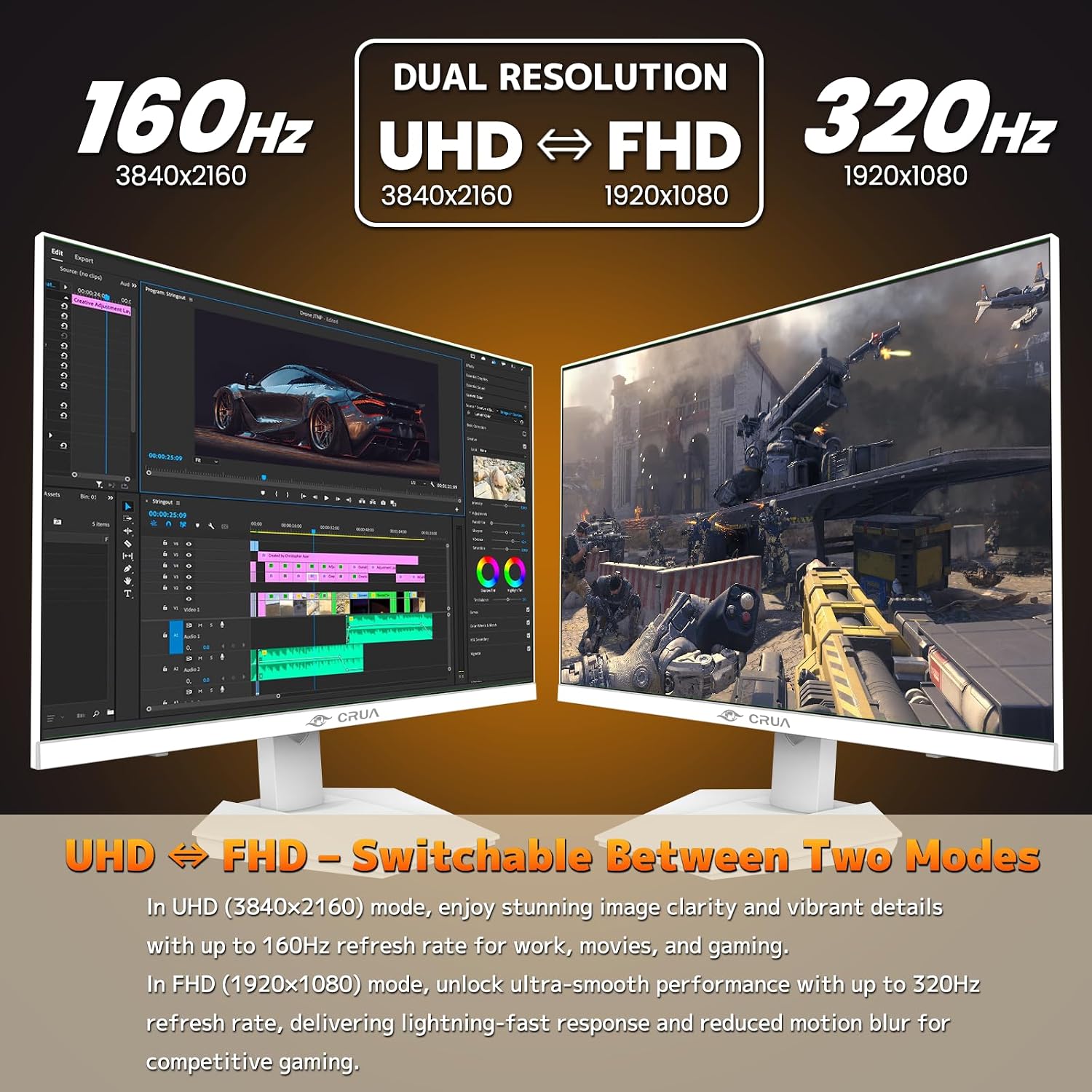 Detalle de CRUA 27" 4K Gaming Monitor with Dual-Mode 160Hz/320Hz, IPS, and Ergonomic Stand