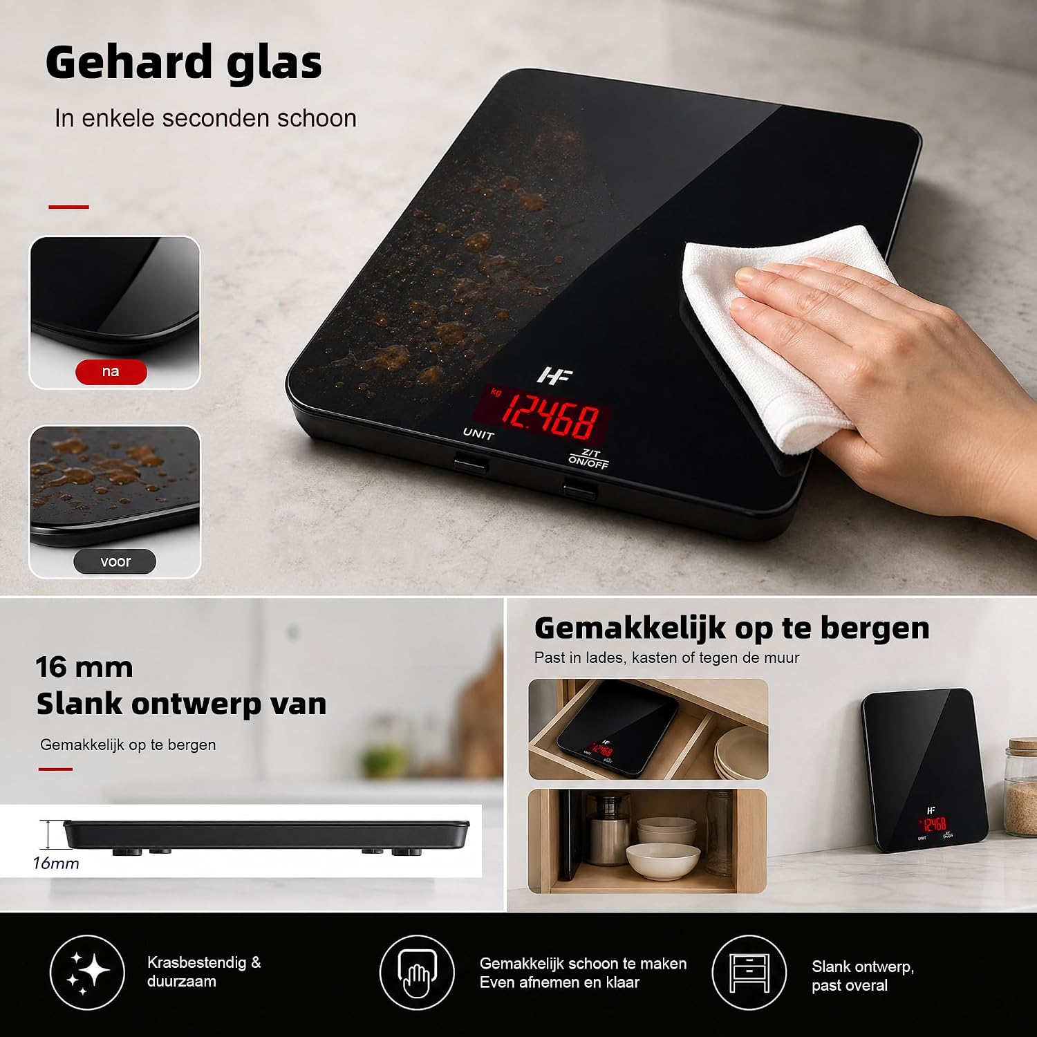Detalle 2 de HomeFashion grote digitale keukenweegschaal 20 kg, 1 g en glazen platform