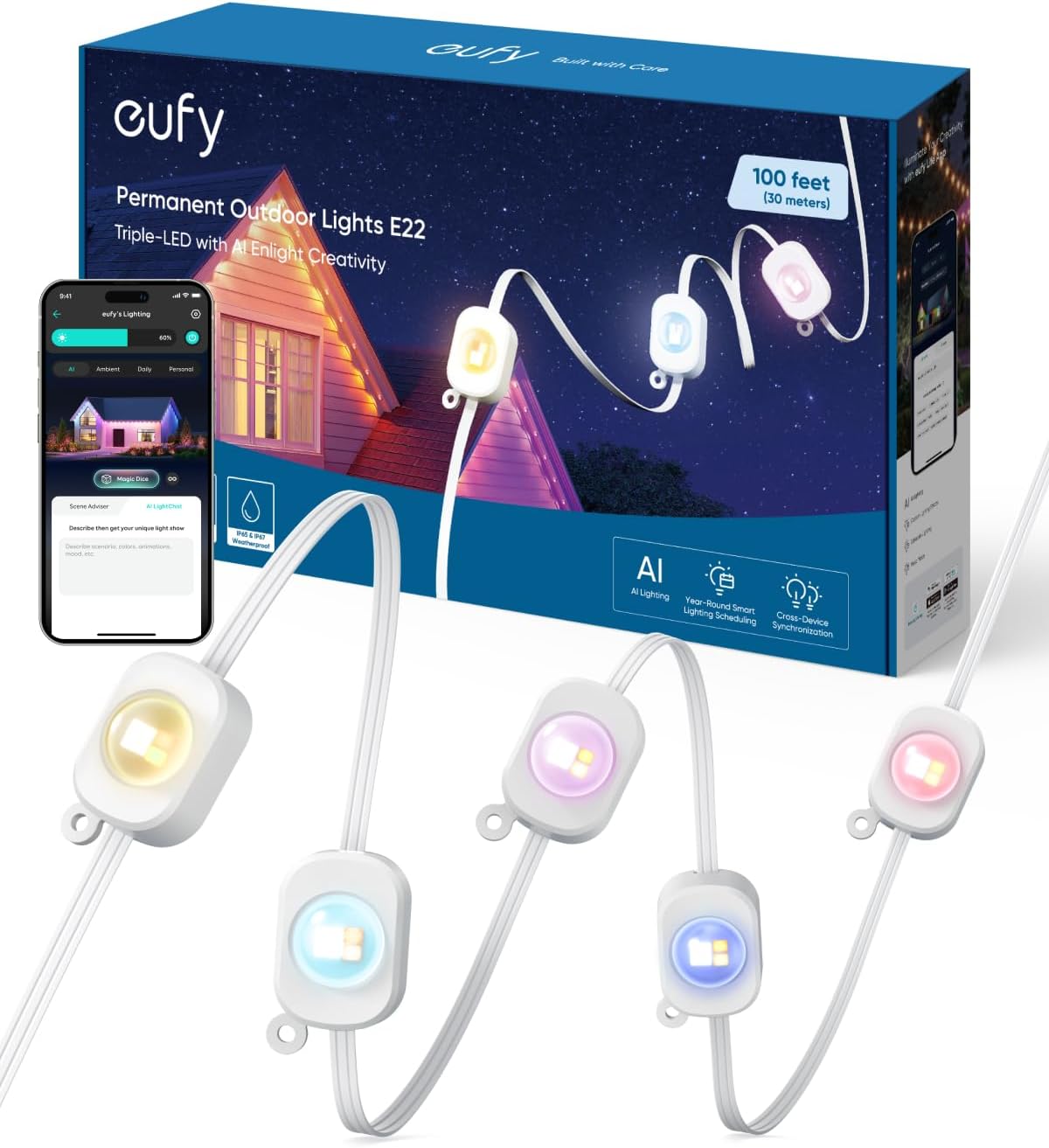 Detalle de eufy T8L02 E22 Permanent Outdoor Lights, 100 ft RGBWW with 60 Triple LEDs