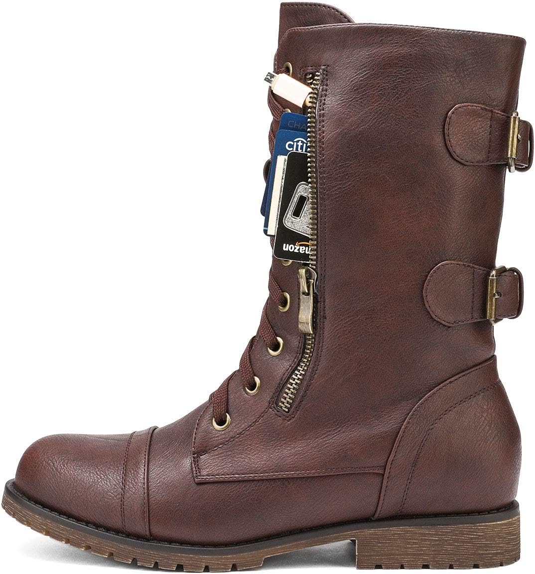 Detalle 2 de DREAM PAIRS Mid-Calf Combat Boots with Lace-Up Design, Side Zipper and Hidden Pocket
