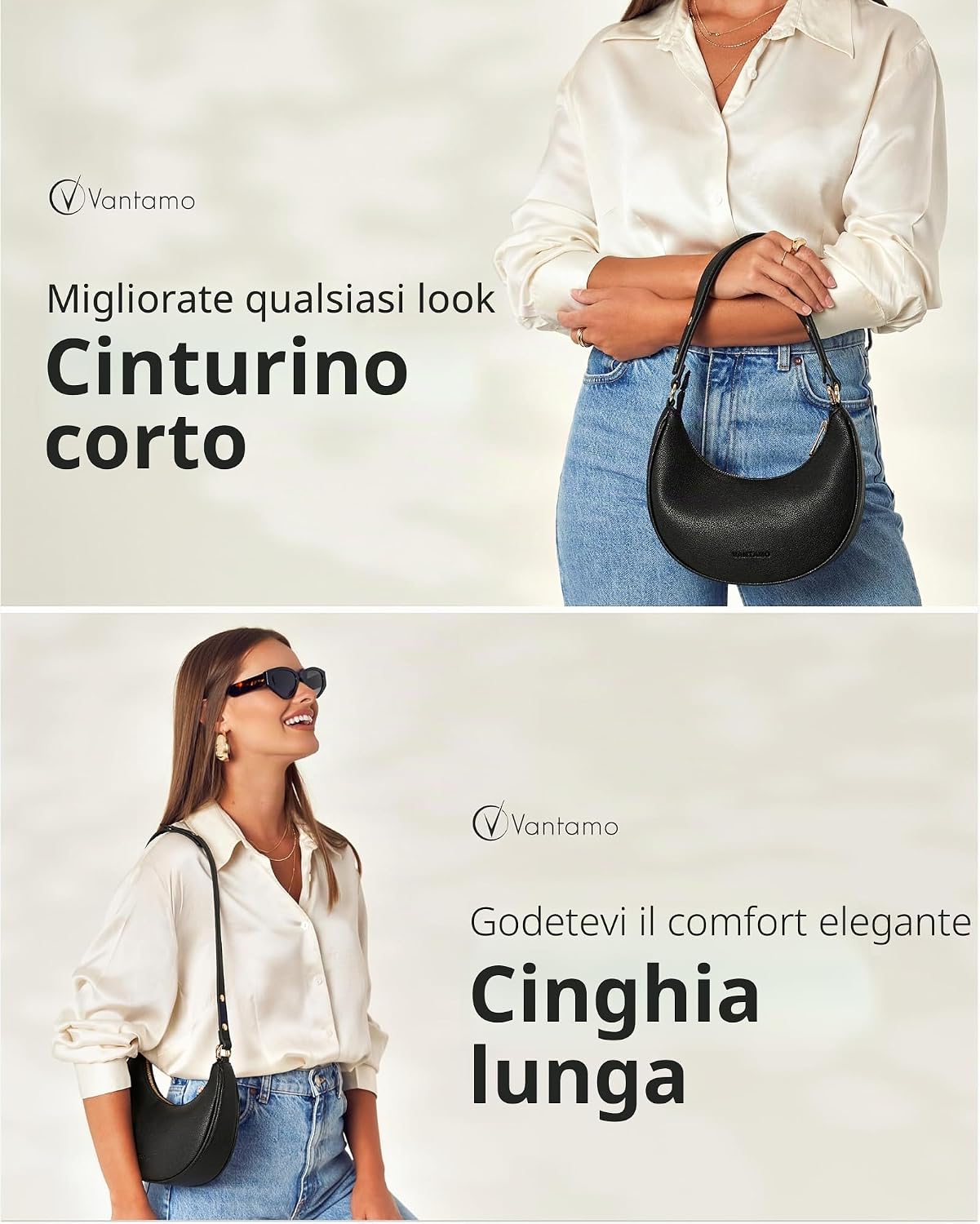 Detalle de Borsa a Mezzaluna da Donna in Ecopelle: antifurto RFID, tracolla regolabile e cerniere dorate