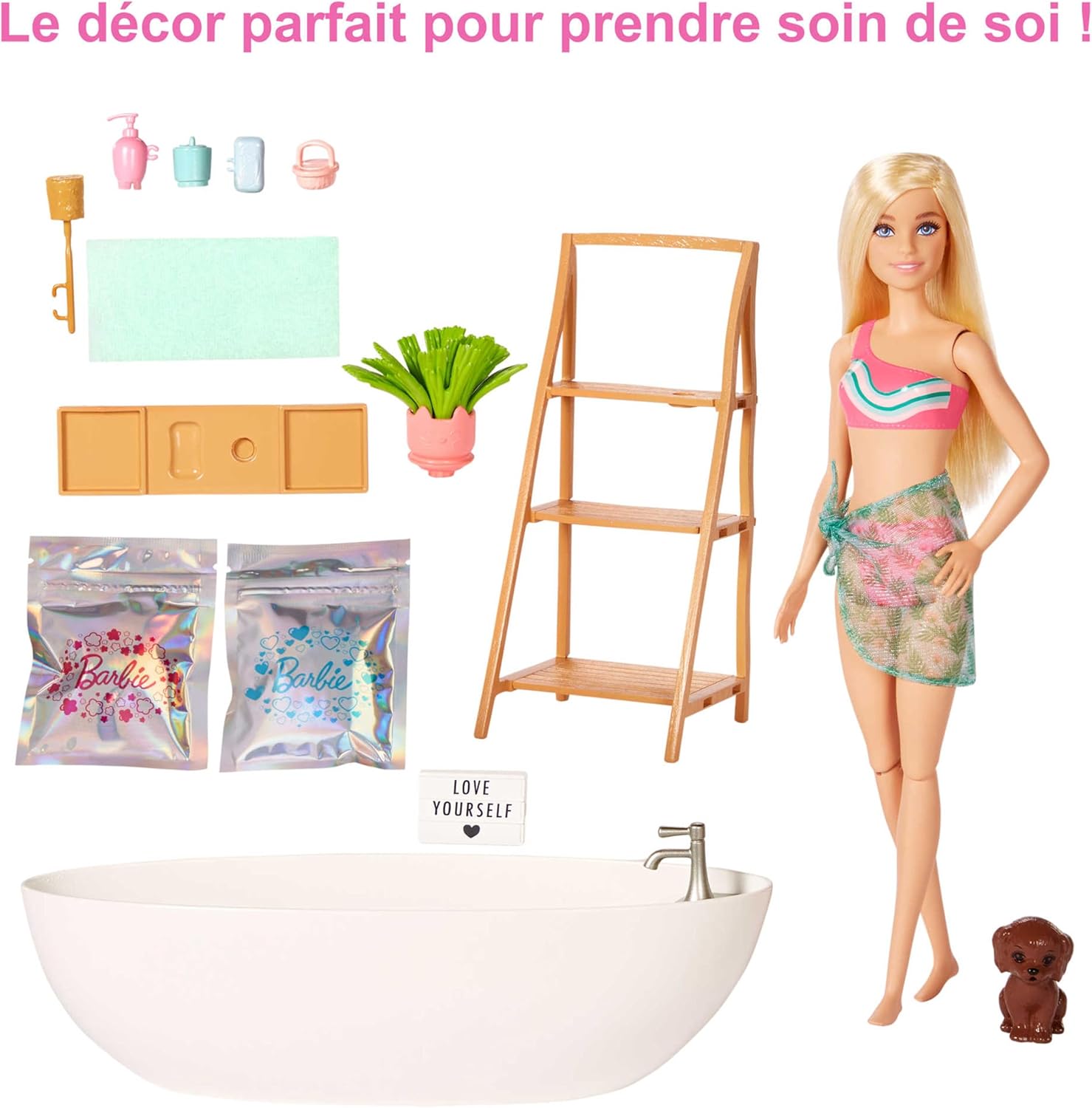 Thumbnail 6 de Barbie Coffret Bain Relaxant avec poupée Blonde – Baignoire, Chiot et Accessoires