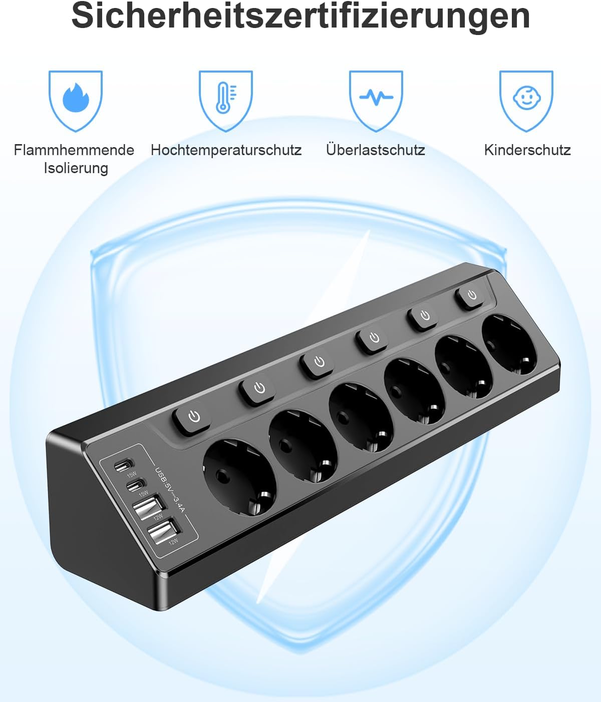 Detalle de Vipwell Ecksteckdosenleiste 3680W mit 4 USB und 6 FĂ€chern đ