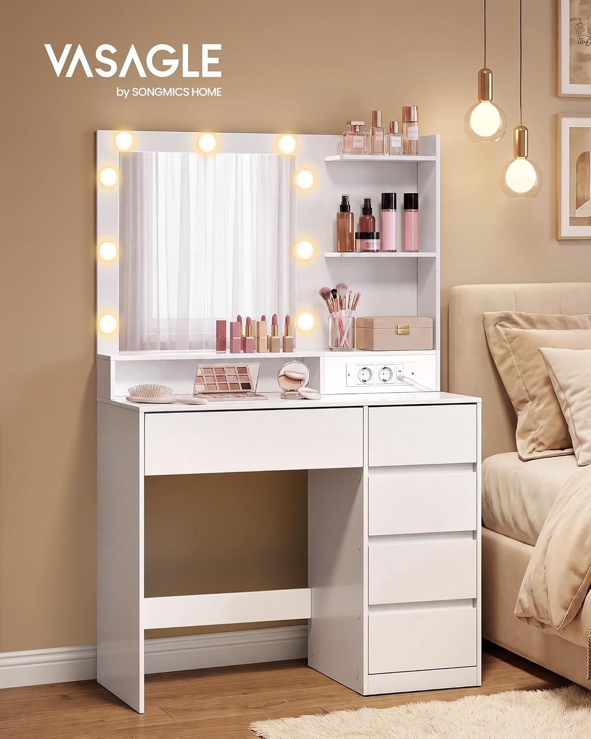 Detalle 2 de VASAGLE KAILYN RDT241WB01 – toaletka z lustrem LED, gniazdkiem i 9 szufladami