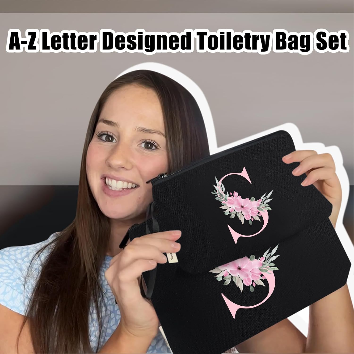 Detalle 2 de Vavabox 2-Piece Initial Toiletry Bags Set with Handle (S, Black)