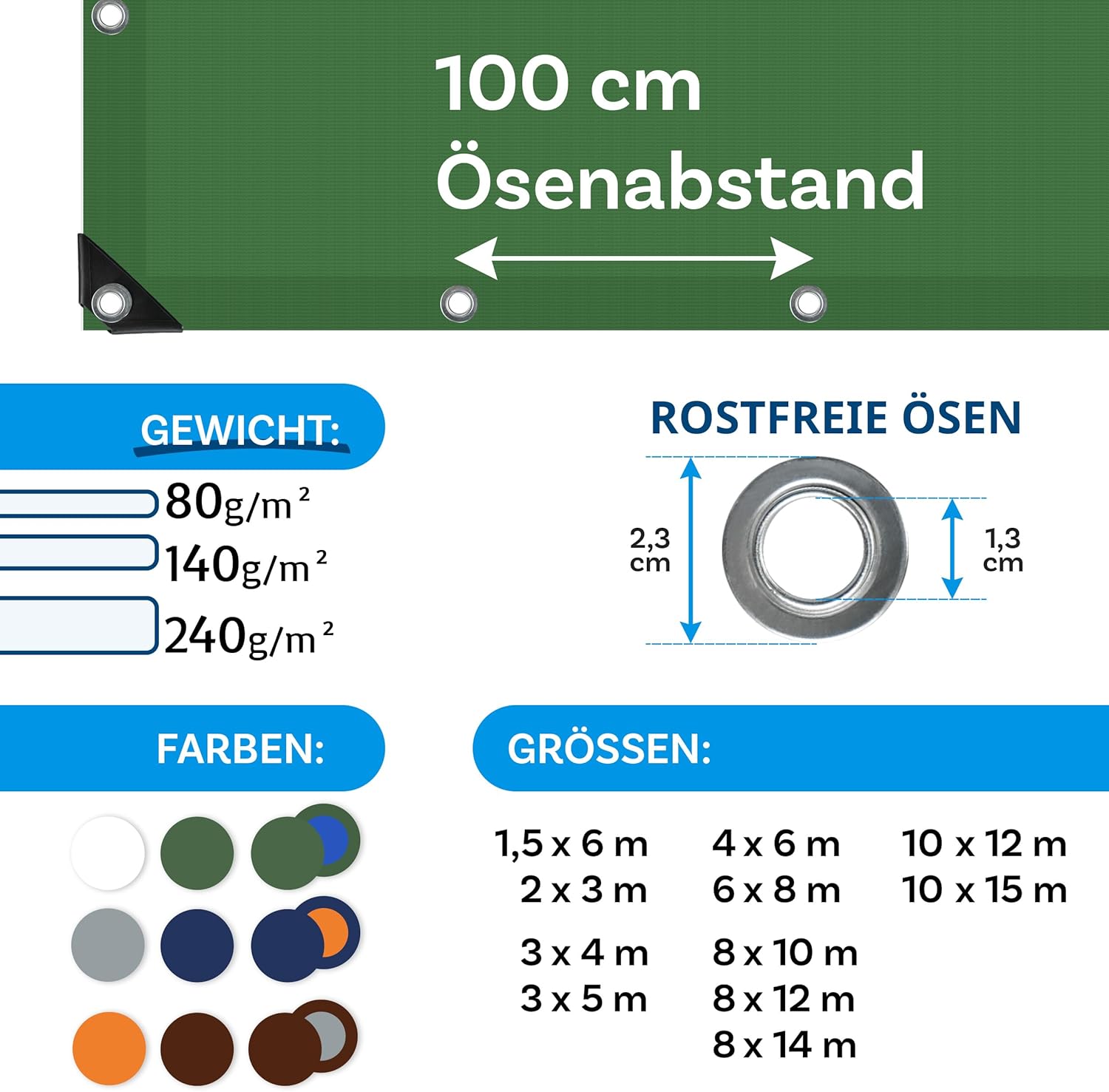 Thumbnail 2 de Floordirekt Abdeckplane / Gewebeplane mit Ösen – wasserdichte Zelt- und Bootsunterlage für Camping & Garten (z. B. 3x4 m, 12 m², 240 g/m², grün)
