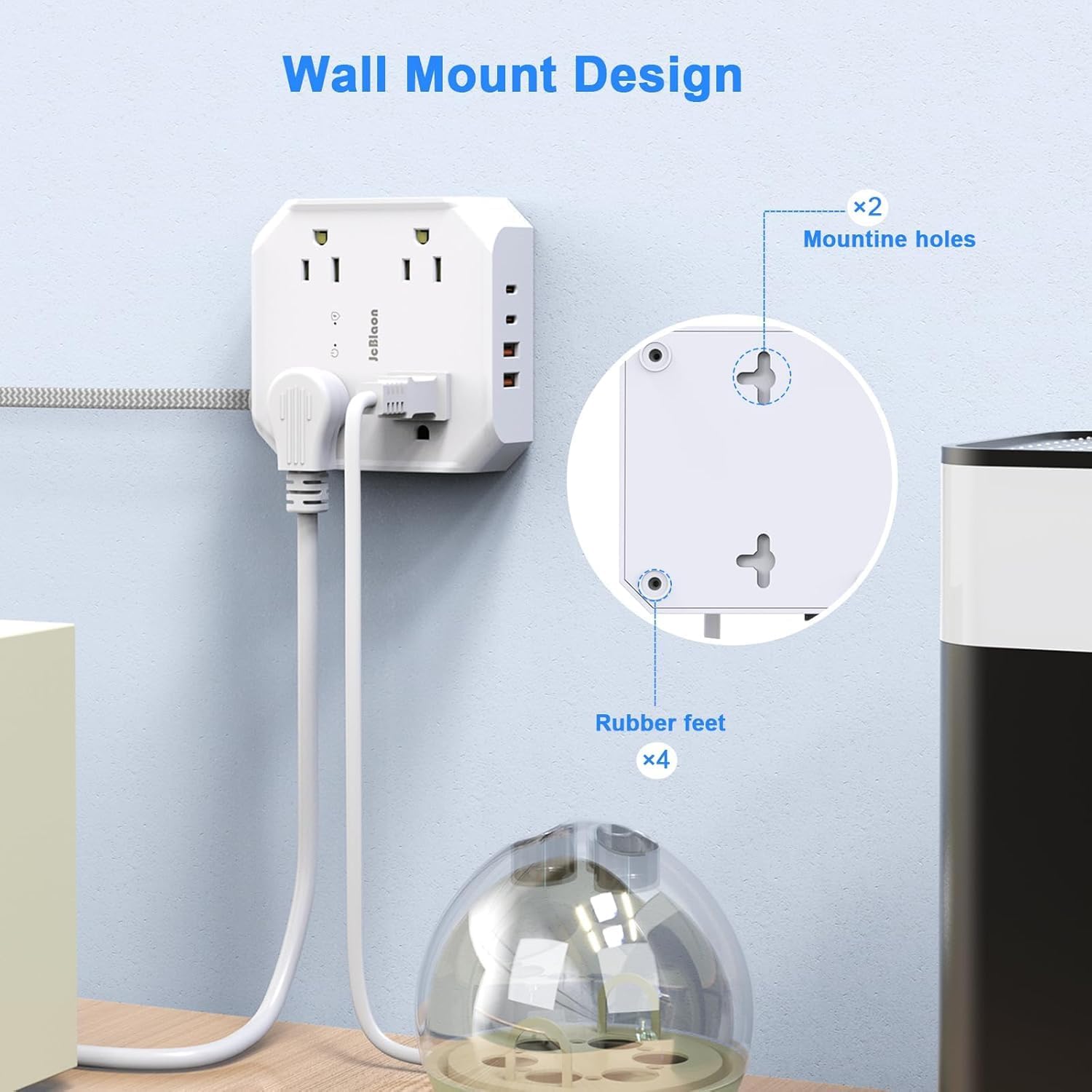 Thumbnail 6 de JcBlaon 10 ft Flat-Plug Power Strip, 8 Outlets, 4 USB Ports, 1,050 J Surge Protection