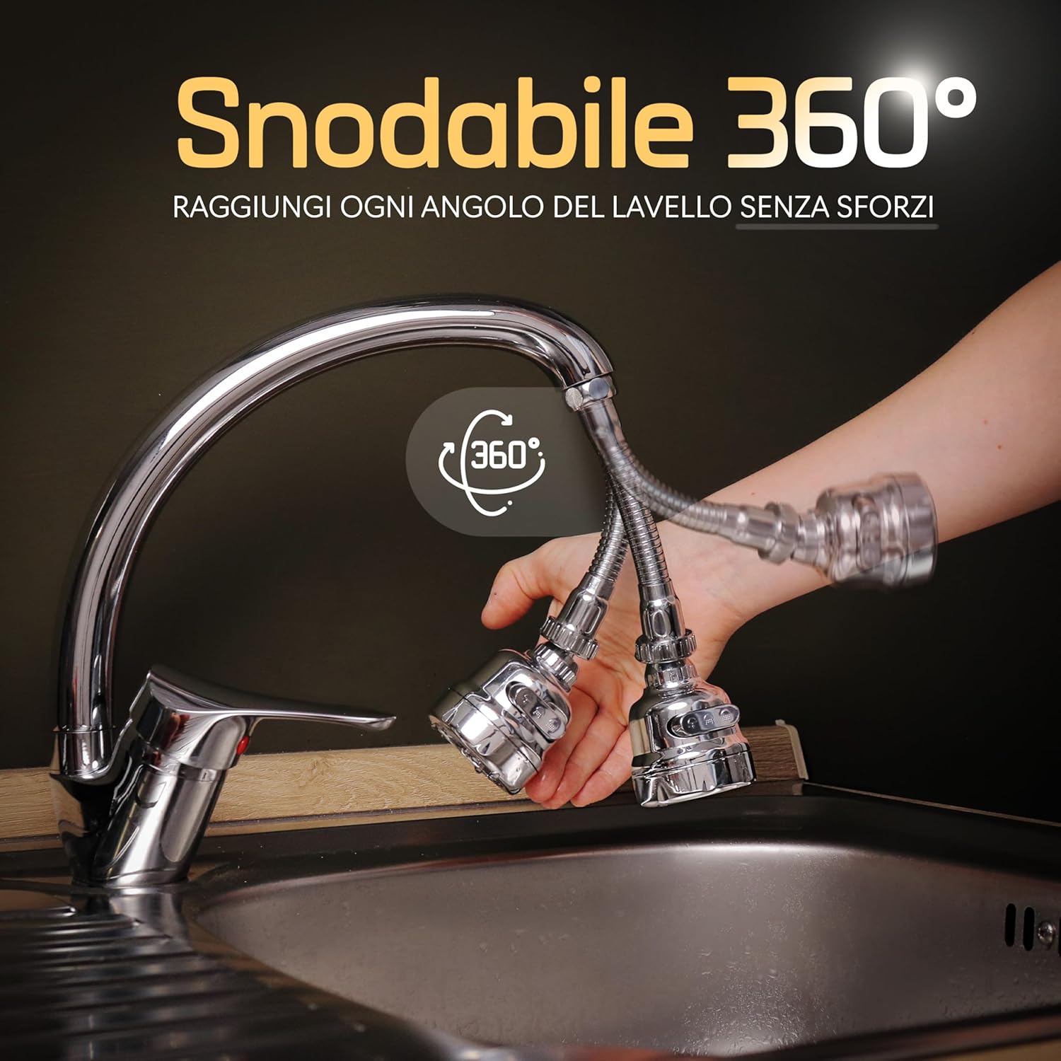 Detalle de Aeratore rubinetto cucina con snodo 360° universale, rompigetto antispruzzo e prolunga con adattatore Generico