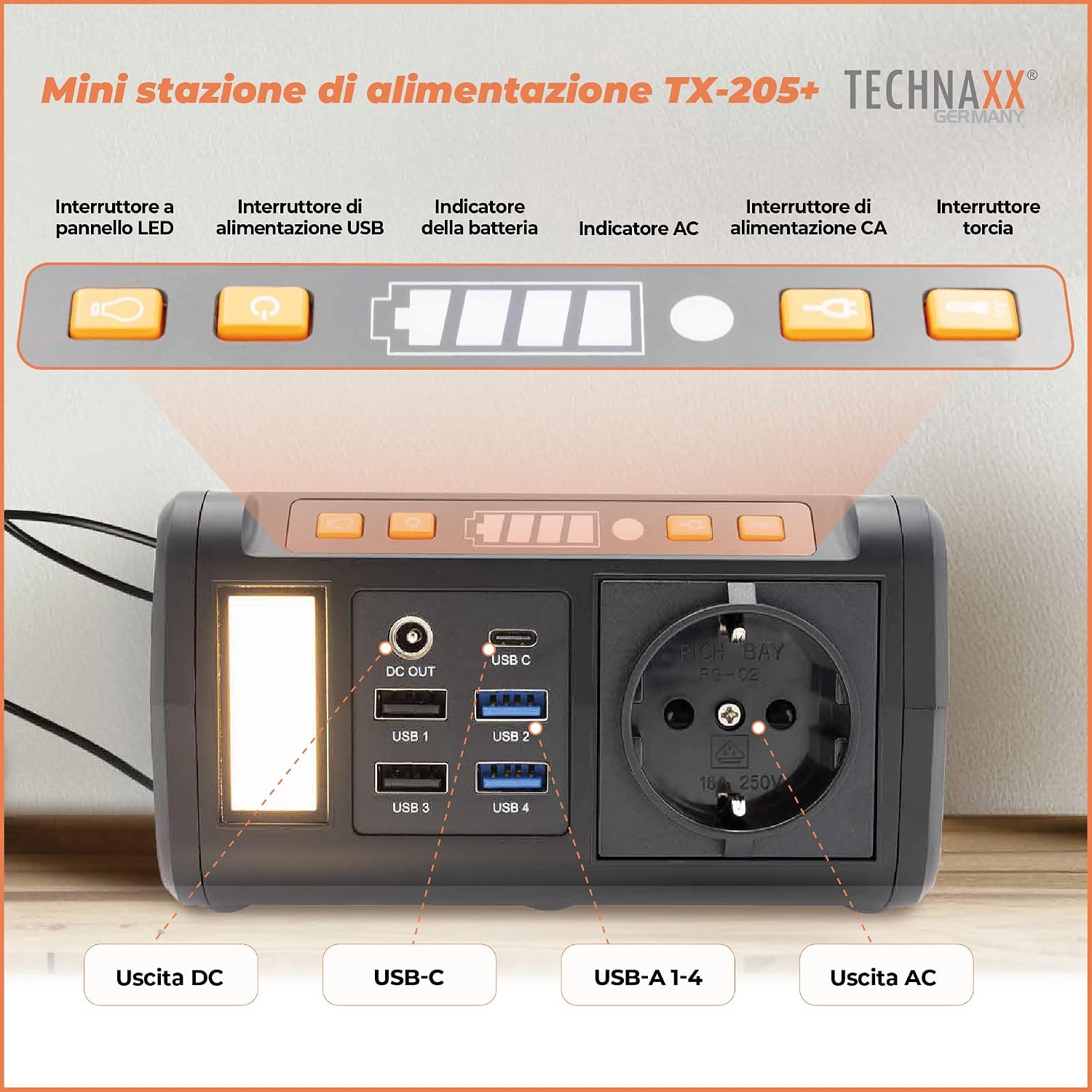 Detalle de Technaxx Mini Power Station TX-205+ 74Wh 80W: power bank portatile con uscita 230V, USB-C PD e ricarica solare
