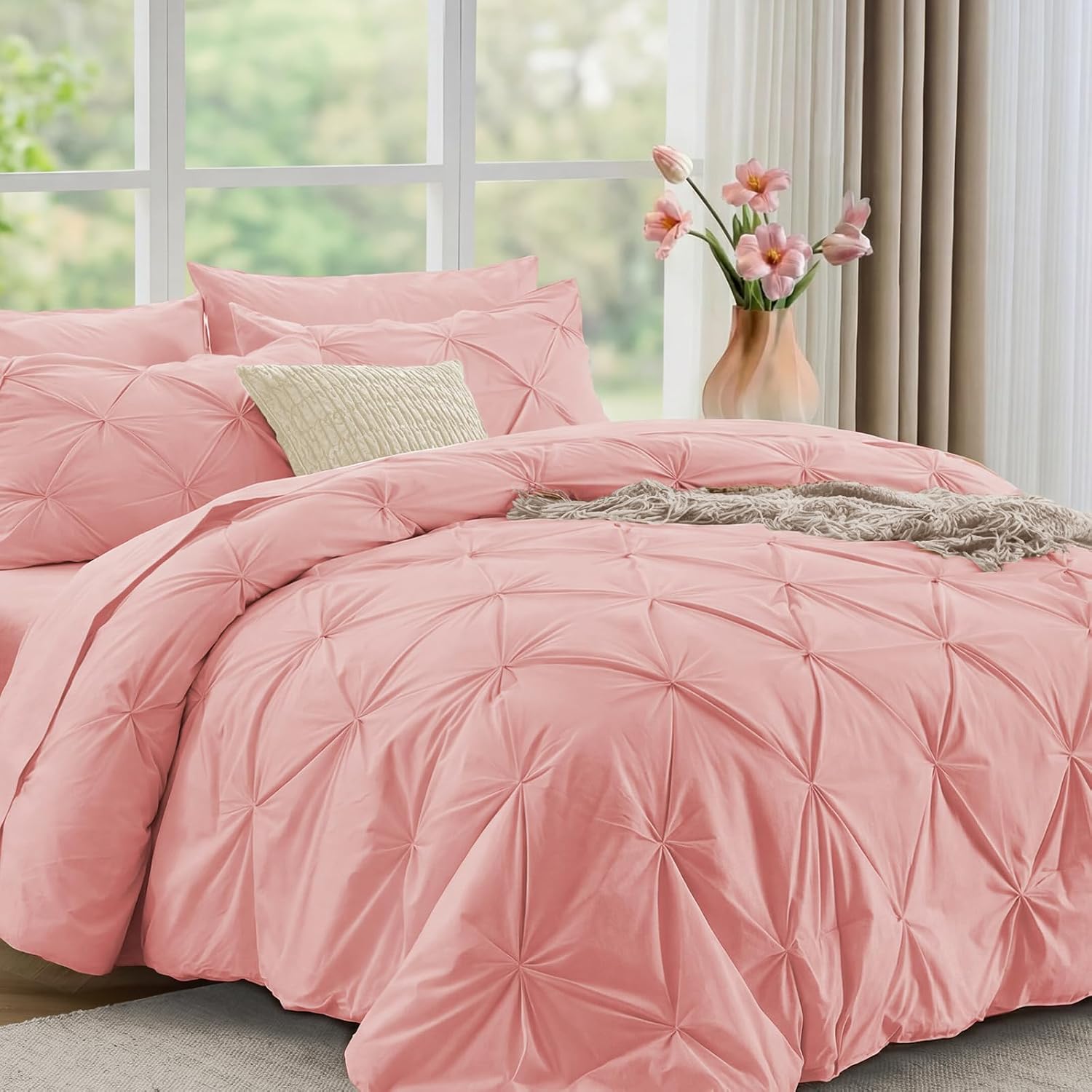 Detalle de JOLLYVOGUE Queen Comforter Set (7-Piece) with Pintuck Microfiber Bedding, Pink