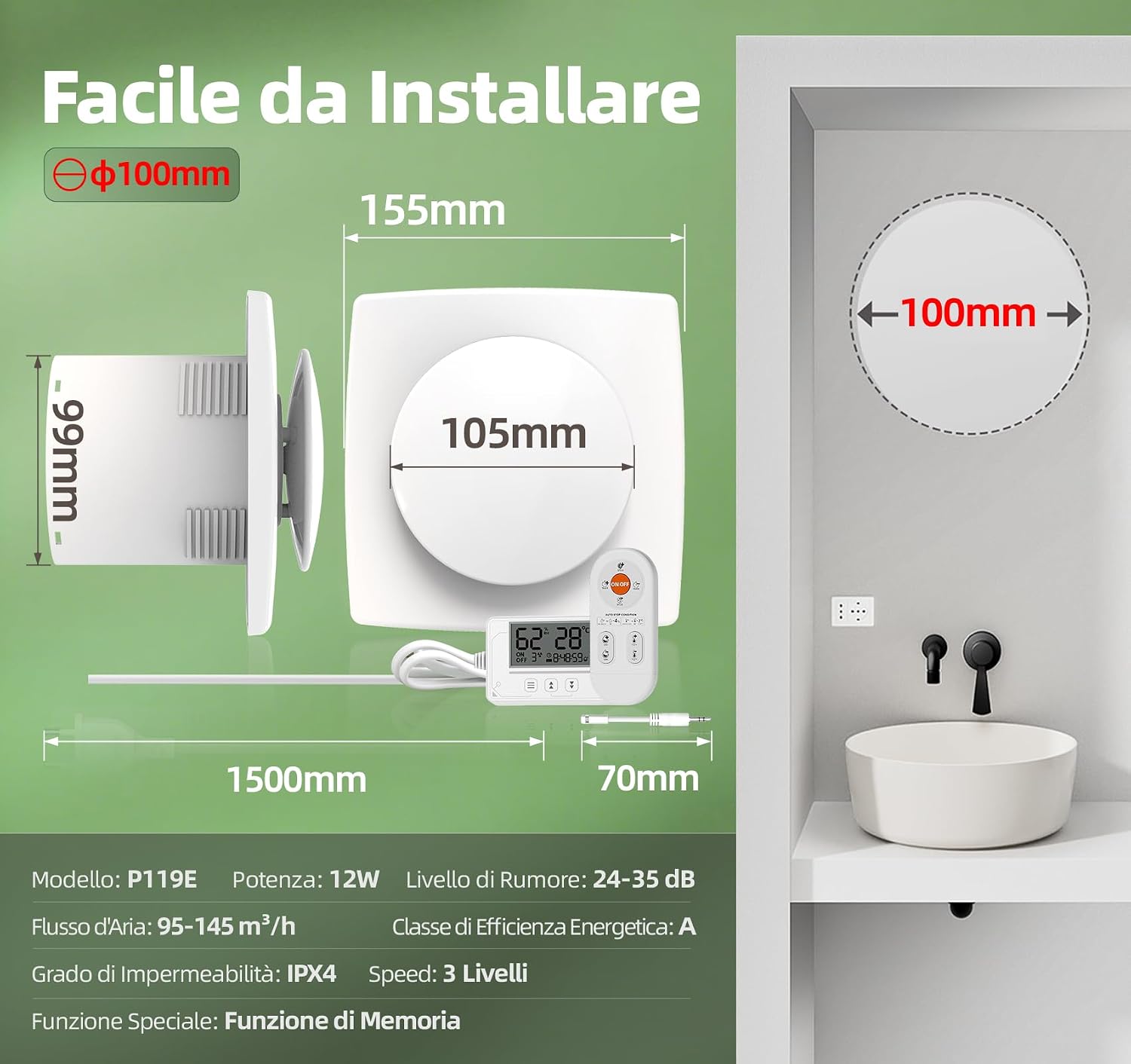 Thumbnail 6 de BUMSOU Ventola di estrazione 100mm con sensore di umidità, sensore di temperatura e timer P119