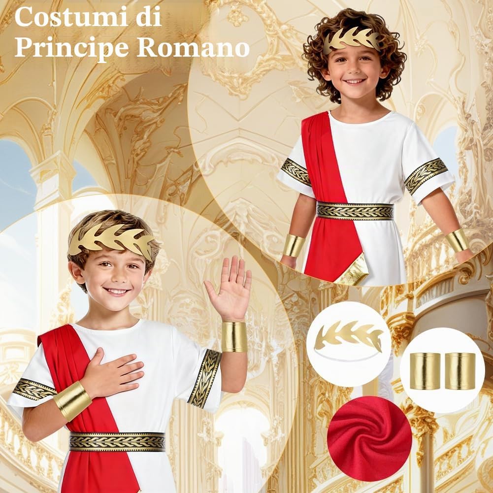 Thumbnail 4 de BSBUY Costume antica Grecia e Roma per bambini bianco e rosso con toga, cintura e fascia