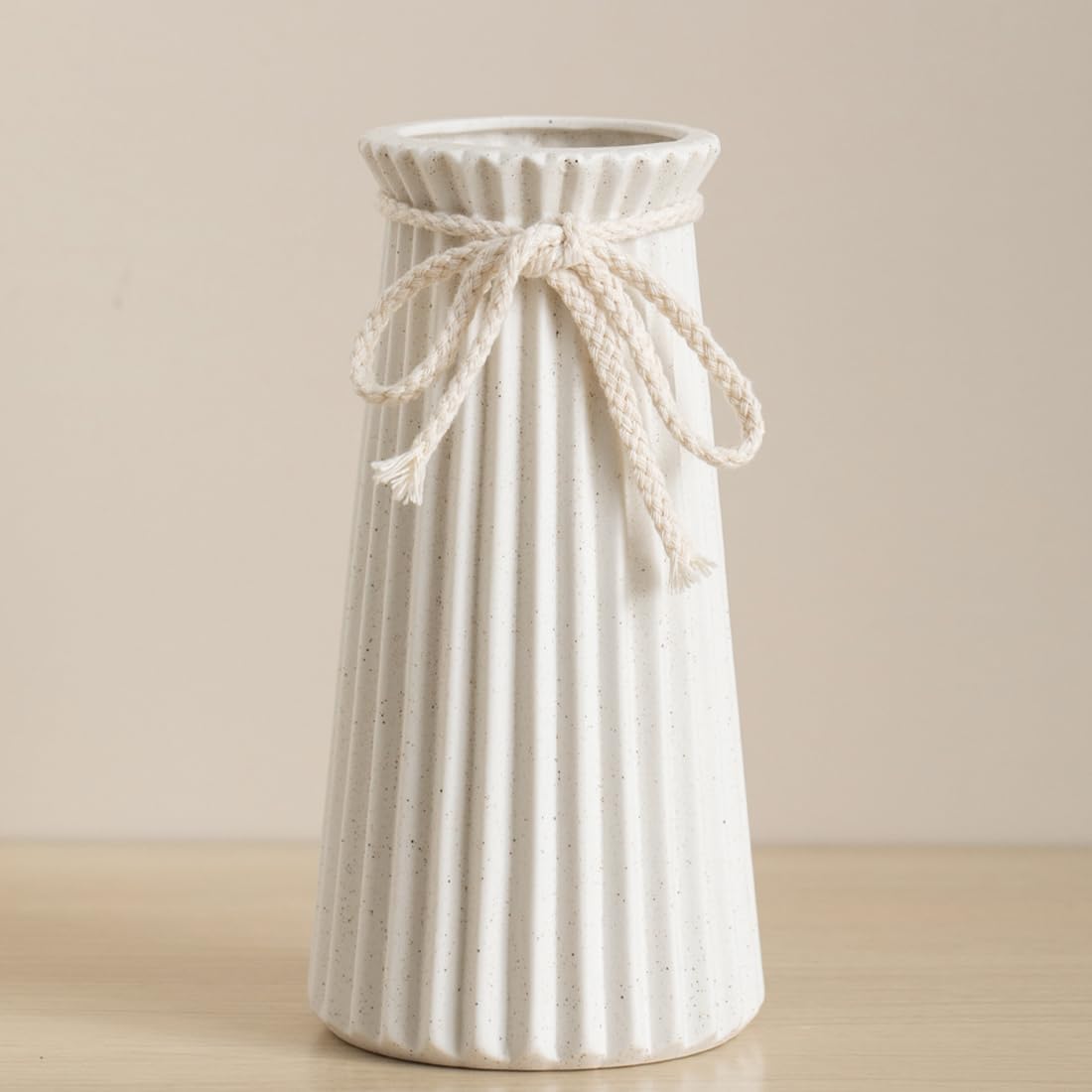 Small ribbed white ceramic vase for flowers & pampas grass, 8 inch modern nordic rustic table centerpiece