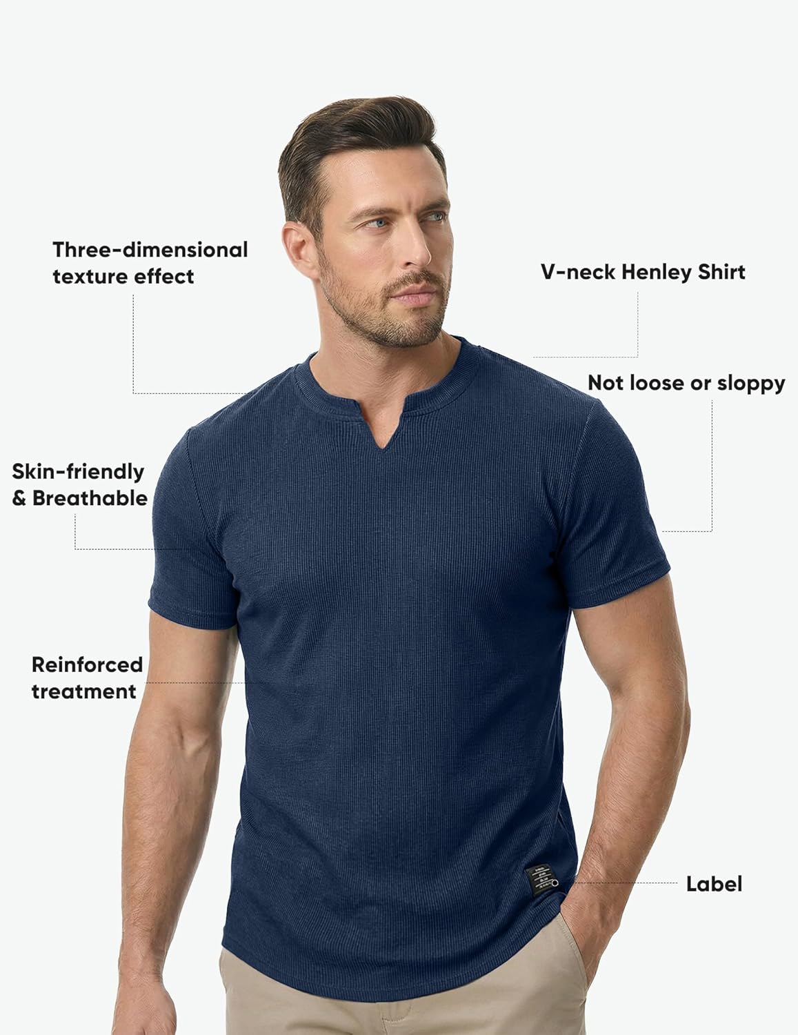 Thumbnail 3 de JMIERR Men's Muscle Slim Texture V Neck Longline Henley Tee