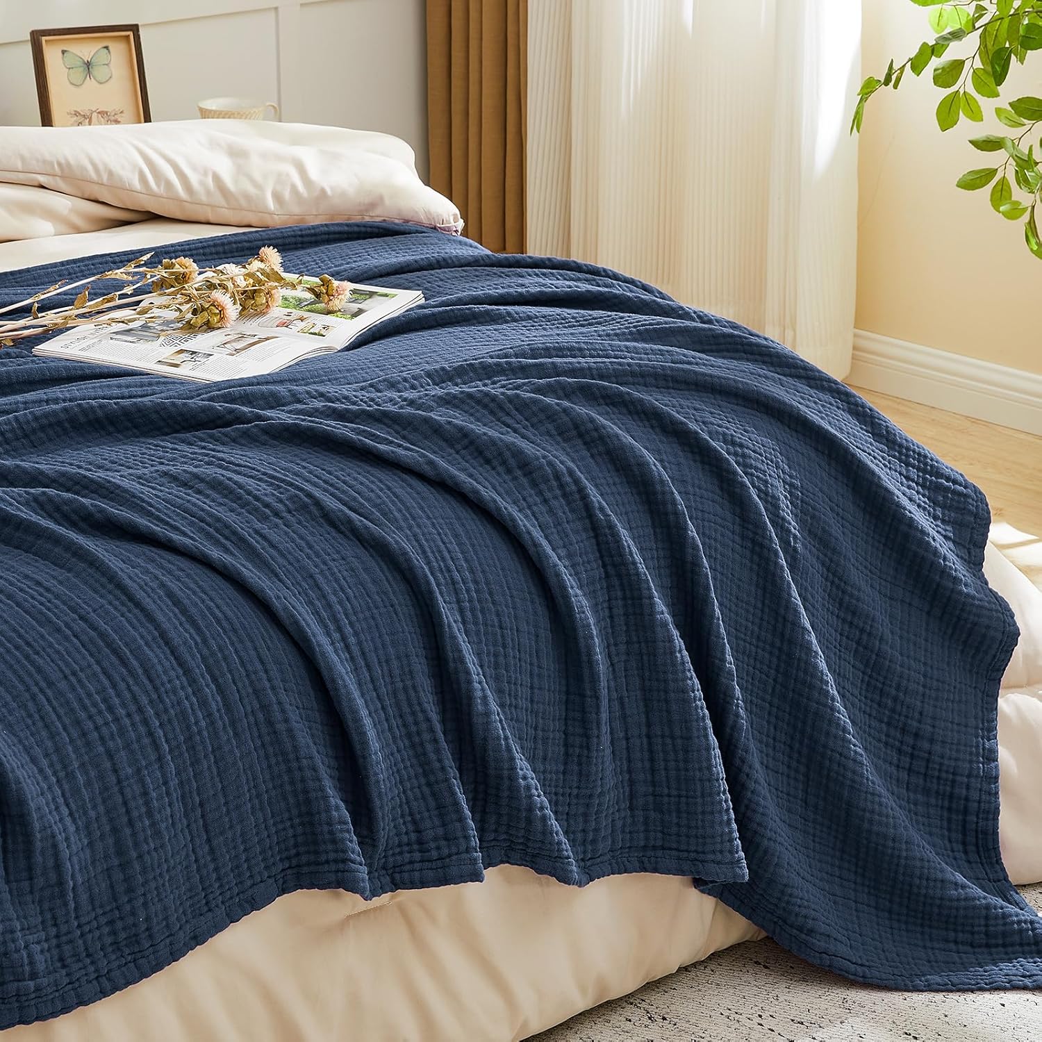 Thumbnail 2 de EMME Navy Super King Muslin Cotton Blanket, 120" x 94