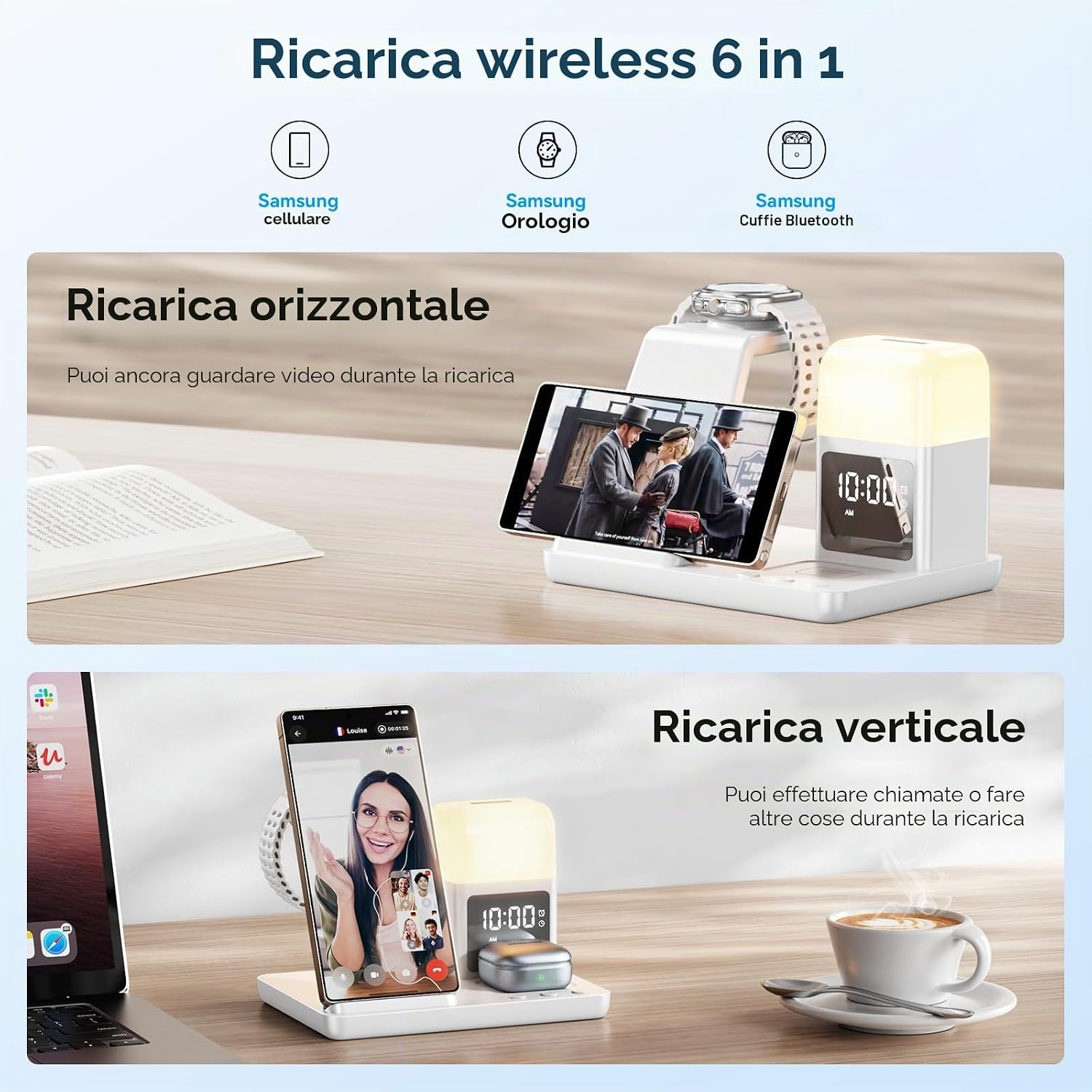 Thumbnail 3 de Stazione di Ricarica Induttiva 6 in 1 per Samsung con sveglia e luce a 3 colori, 15W wireless