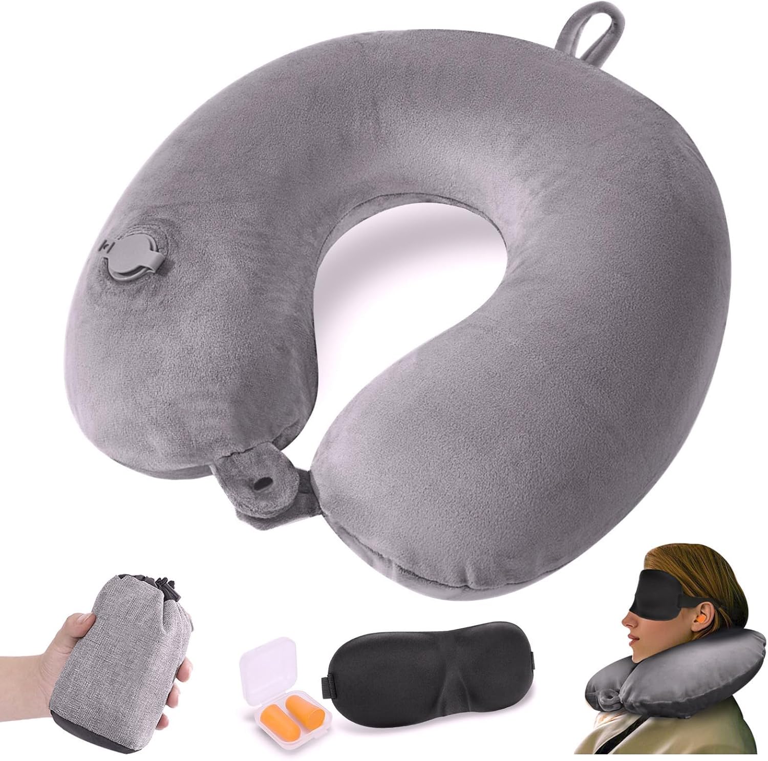 Detalle de JetsCush Inflatable Neck Pillow for Travel: Compact, Lightweight Companion with Eye Mask & Earplugs