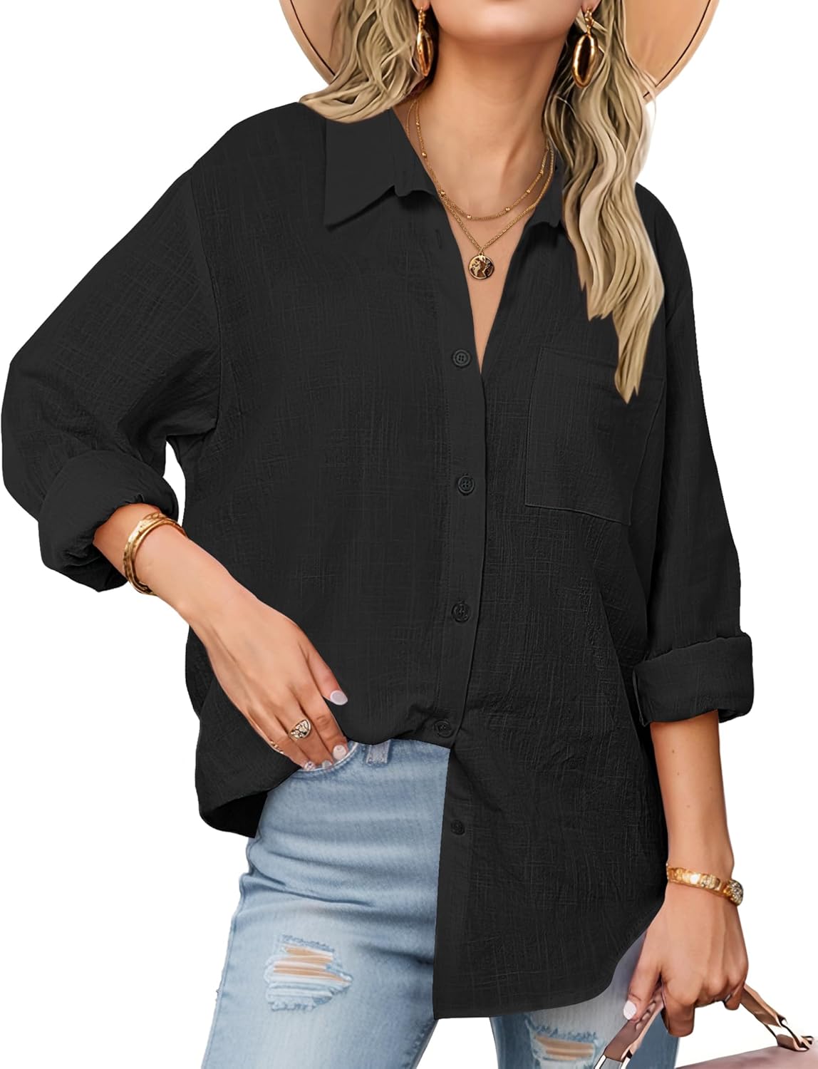 Detalle de Zeagoo Women’s Button-Down Long Sleeve Cotton Gauze Shirt (Collared Blouse, Loose Fit)