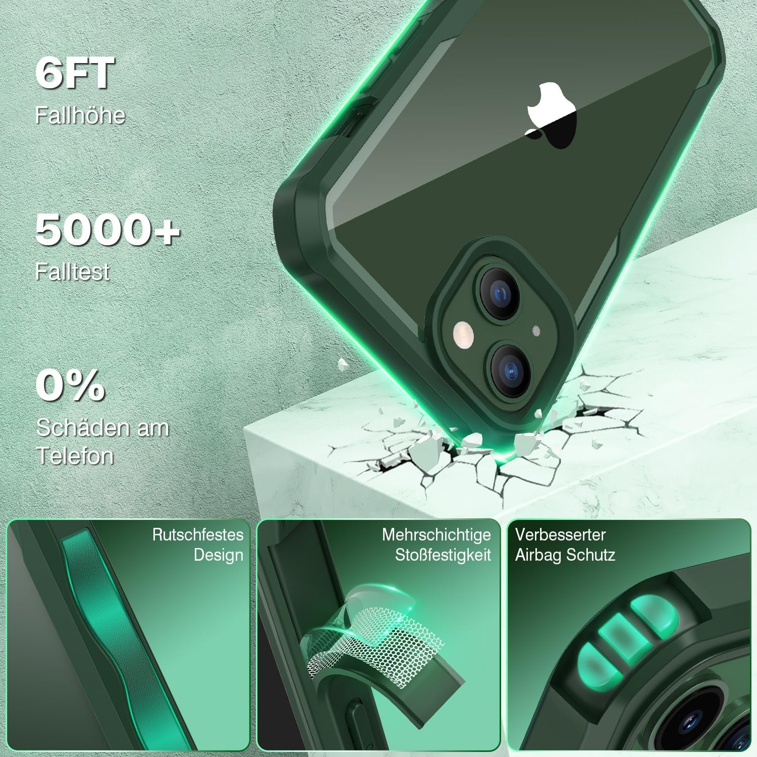 Detalle de CENHUFO Sichtschutz Hülle für iPhone 14/13 – 360° Schutz mit Privacy-Displayglas und Kameraschutz in Grün